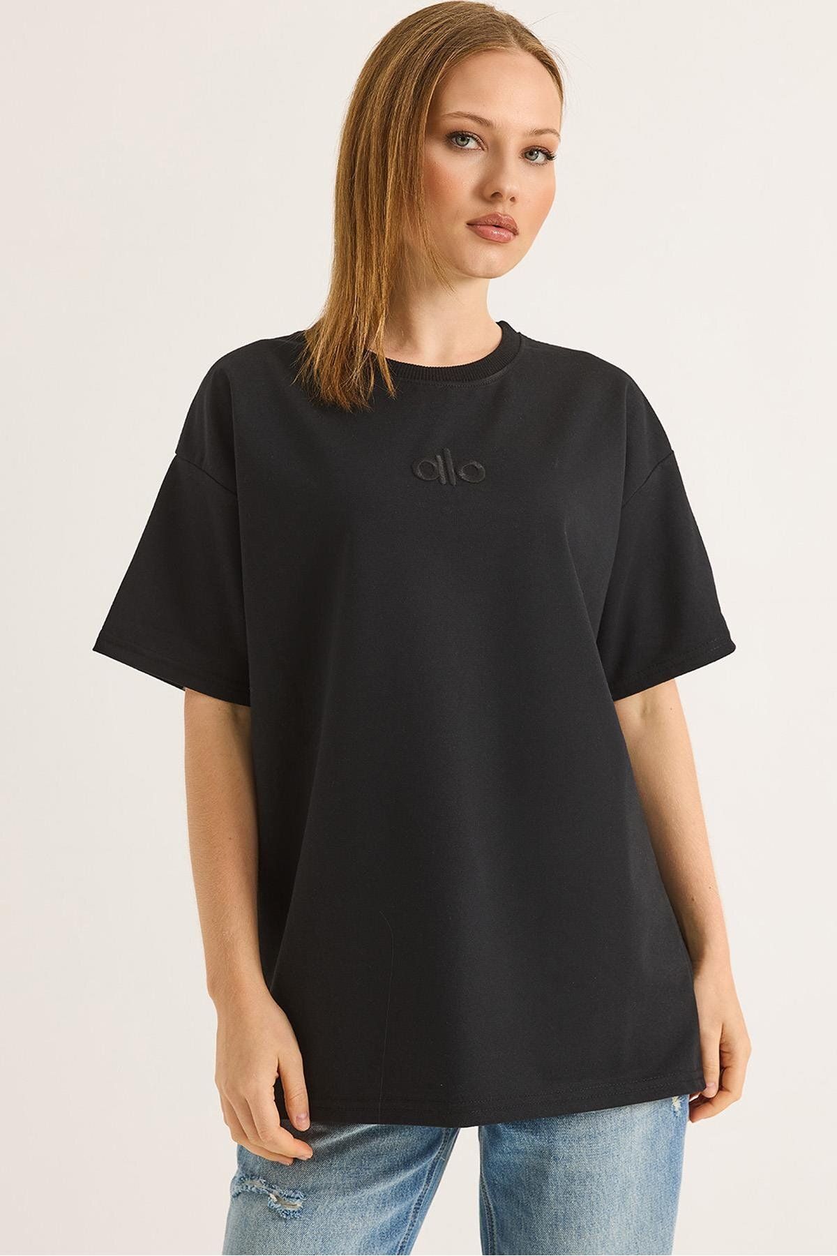 Raneel Kazançlı Alışveriş Nakışlı Oversize Unisex Tshirt Siyah