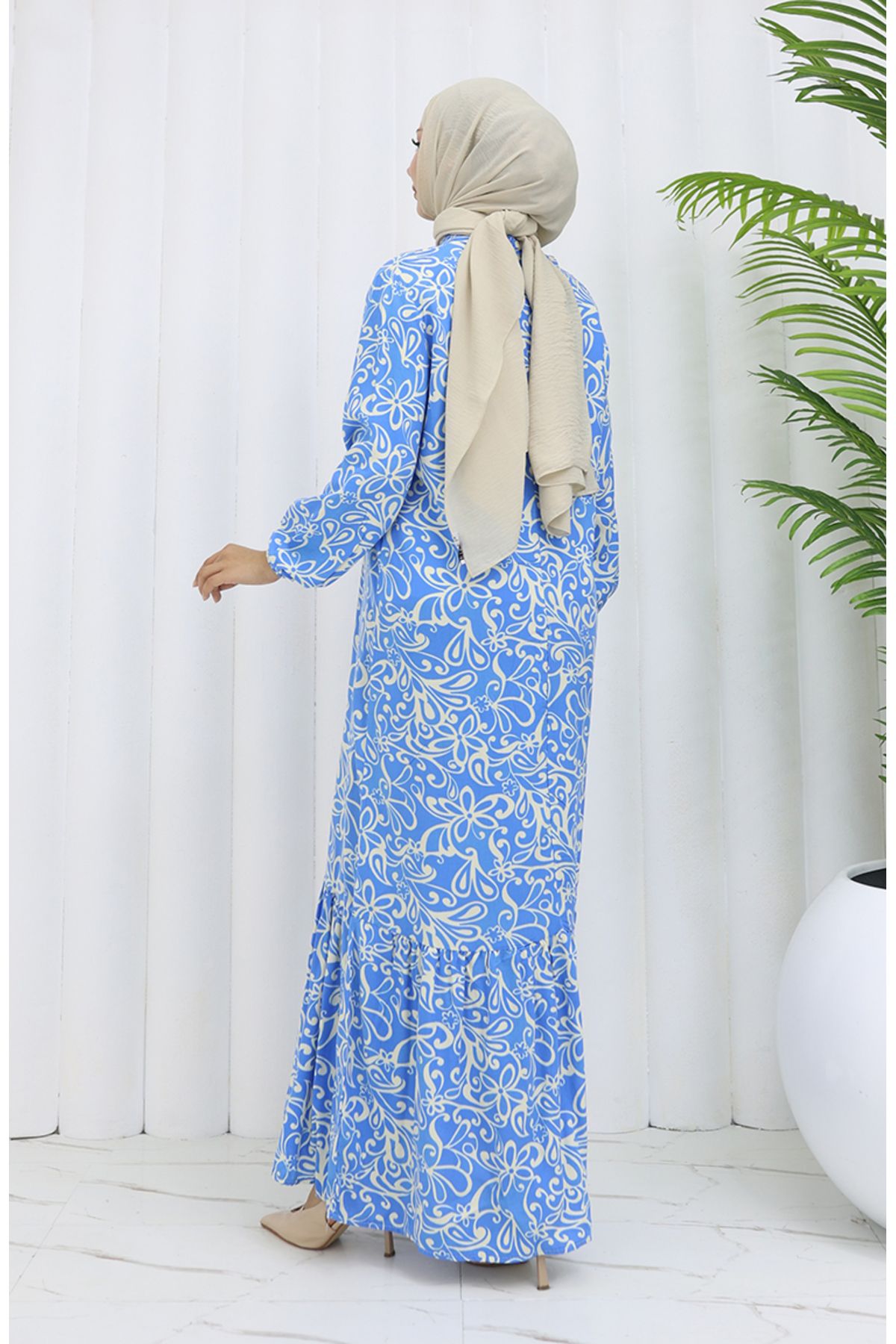 sefamerve-Viscose Fabric Elastic Sleeve Patterned Dress 2036-01 Blue 5