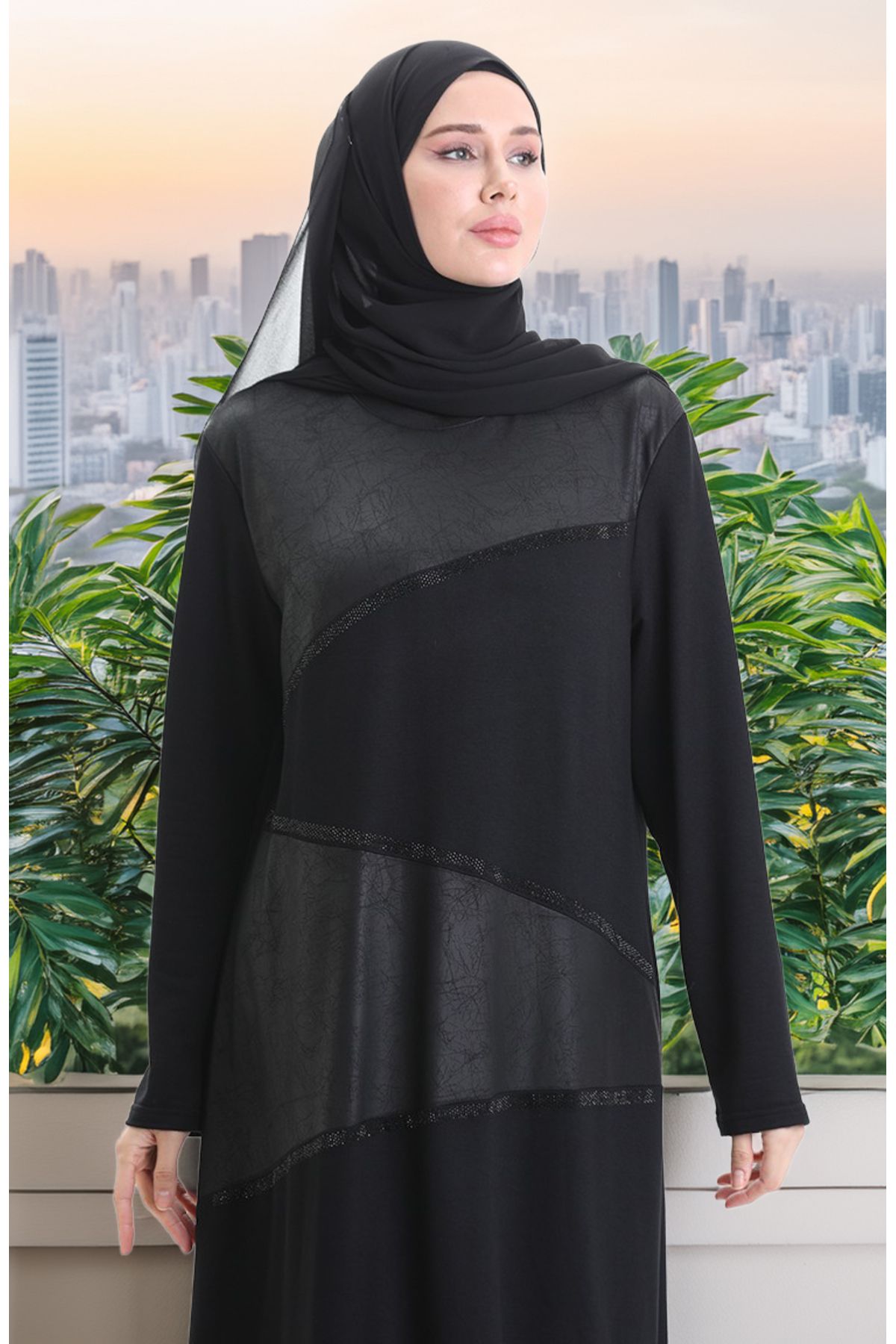 sefamerve-Φόρεμα Plus Size Crystal Combed Cotton 6253-01 Μαύρο 4