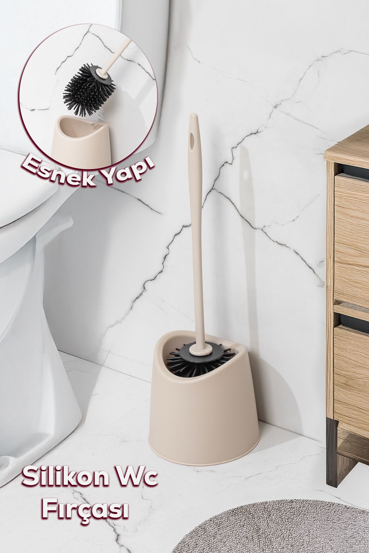Porsima SB-776 Silikon Wc Tuvalet Banyo Lavabo Fırçası Klozet Temizleme Fırçası Krem