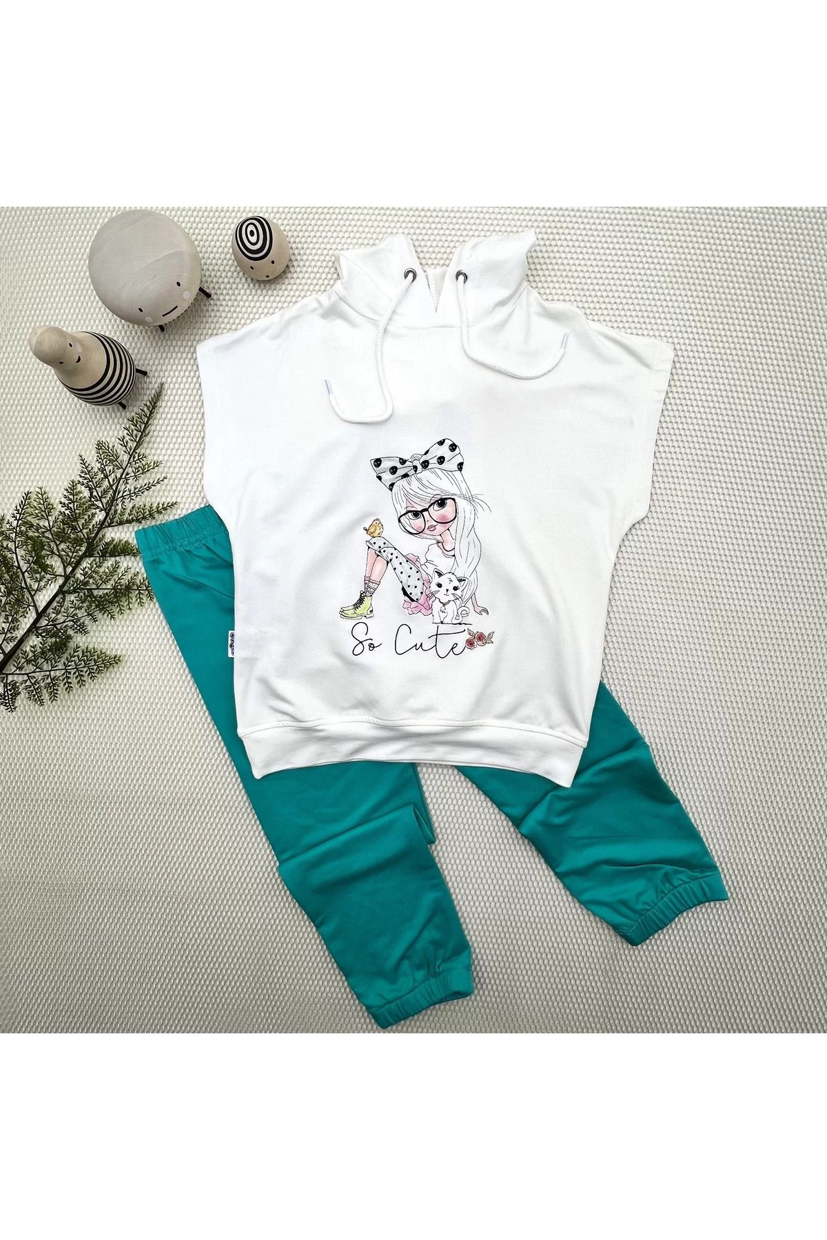 Shop58 Kapşonlu Sevimli Kız Baskılı Kısa Kolu 2li Kız Erkek Çocuk Takımı Turkuaz