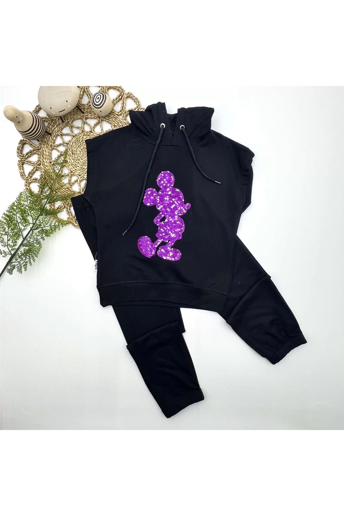 Shop58 Kapşonlu Petli Mickey Desenli Kısa Kol 2li Kız Erkek Çocuk Takımı Siyah