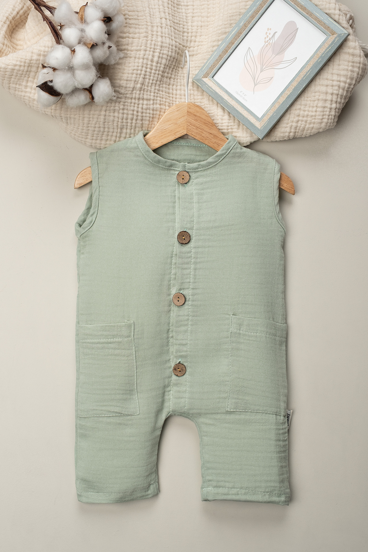 Mai Perla Organik Müslin Yazlık Naturel Cepli Bebek Tulum fotoğrafı 2 (önizleme)