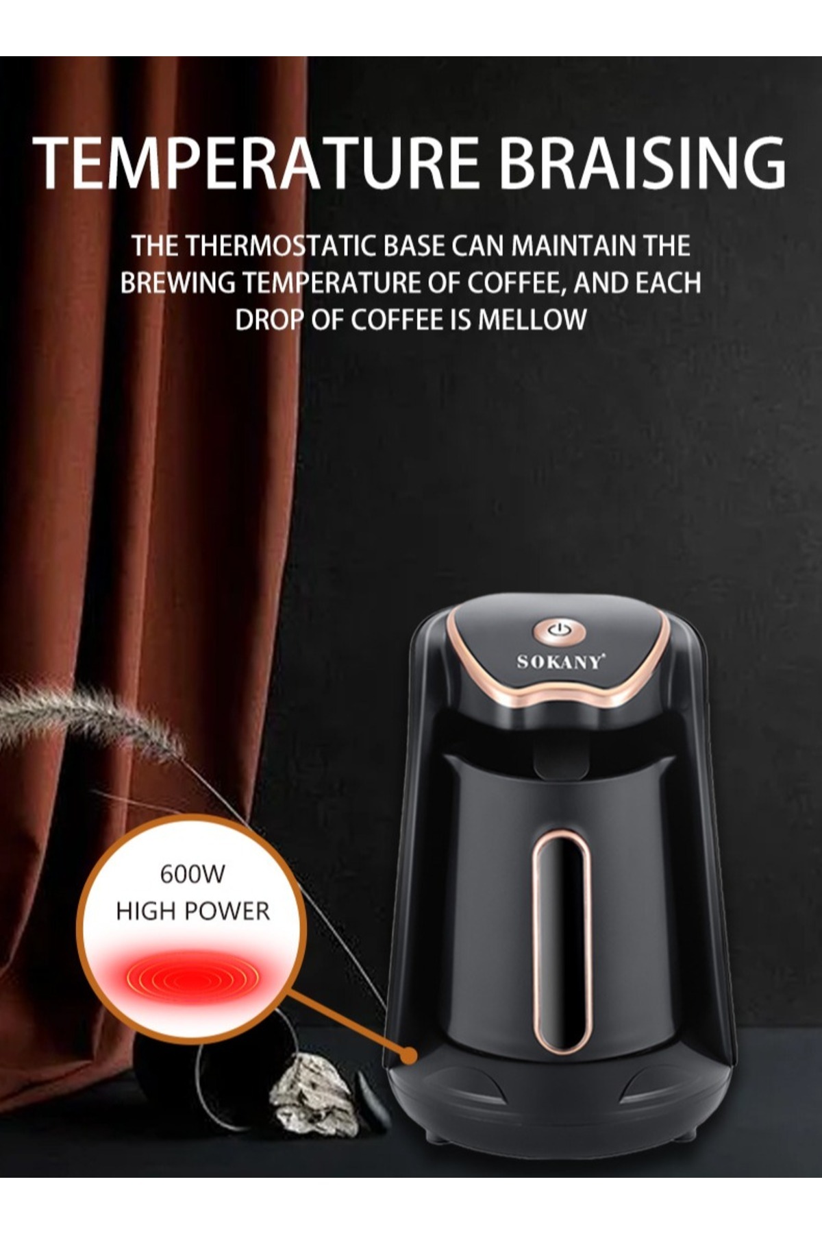 SOKANY-4 Cups Electric Turkish Coffee Maker and Hot Beverage Maker,600W, Slow brew function SK-04008 Black 4