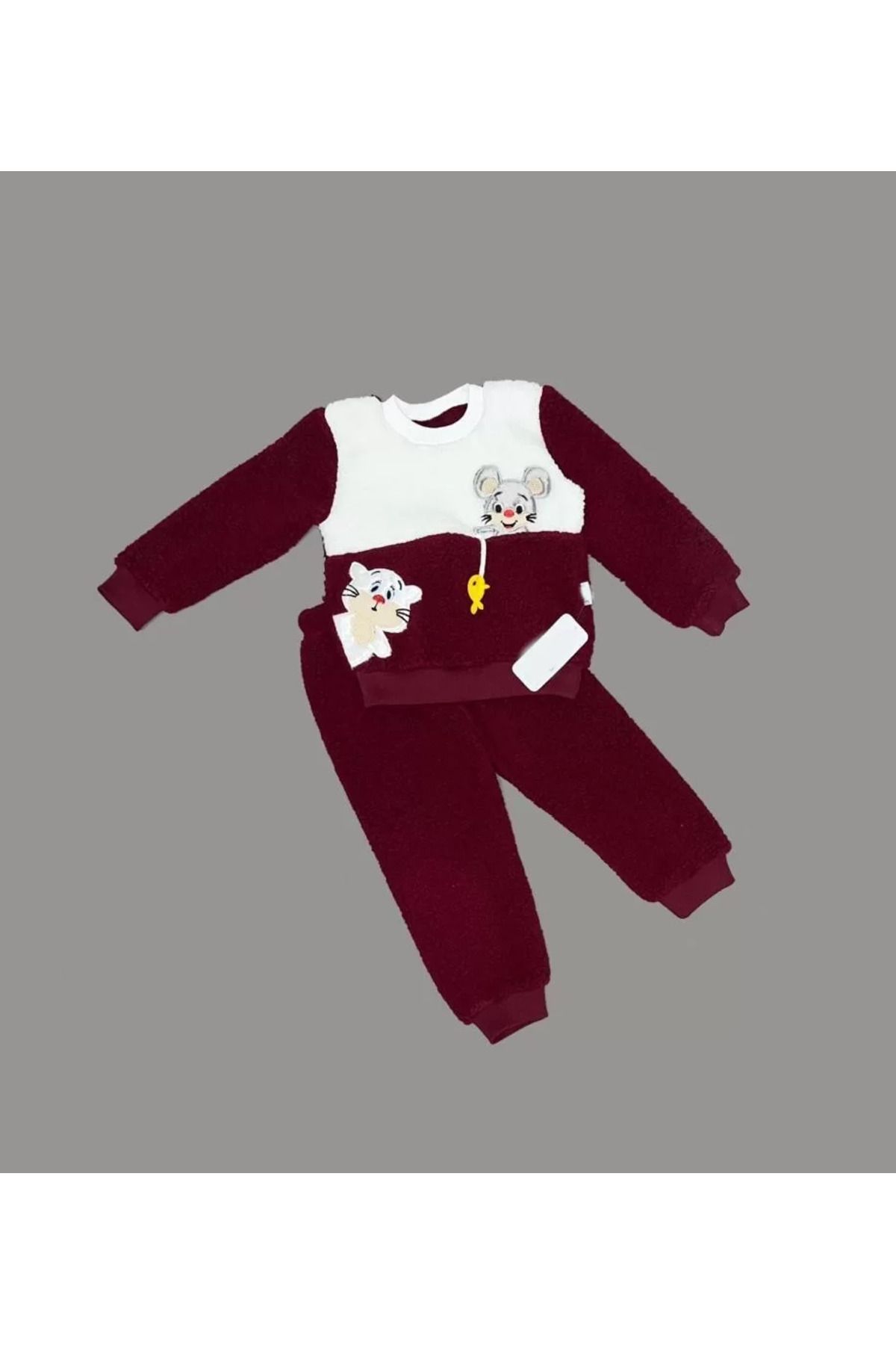 Shop58 Sallanan Balık Nakışlı Kuzu Kumaş Sweat Pantolon Uzun Kollu Kız Erkek 2 Li Takımı Bordo