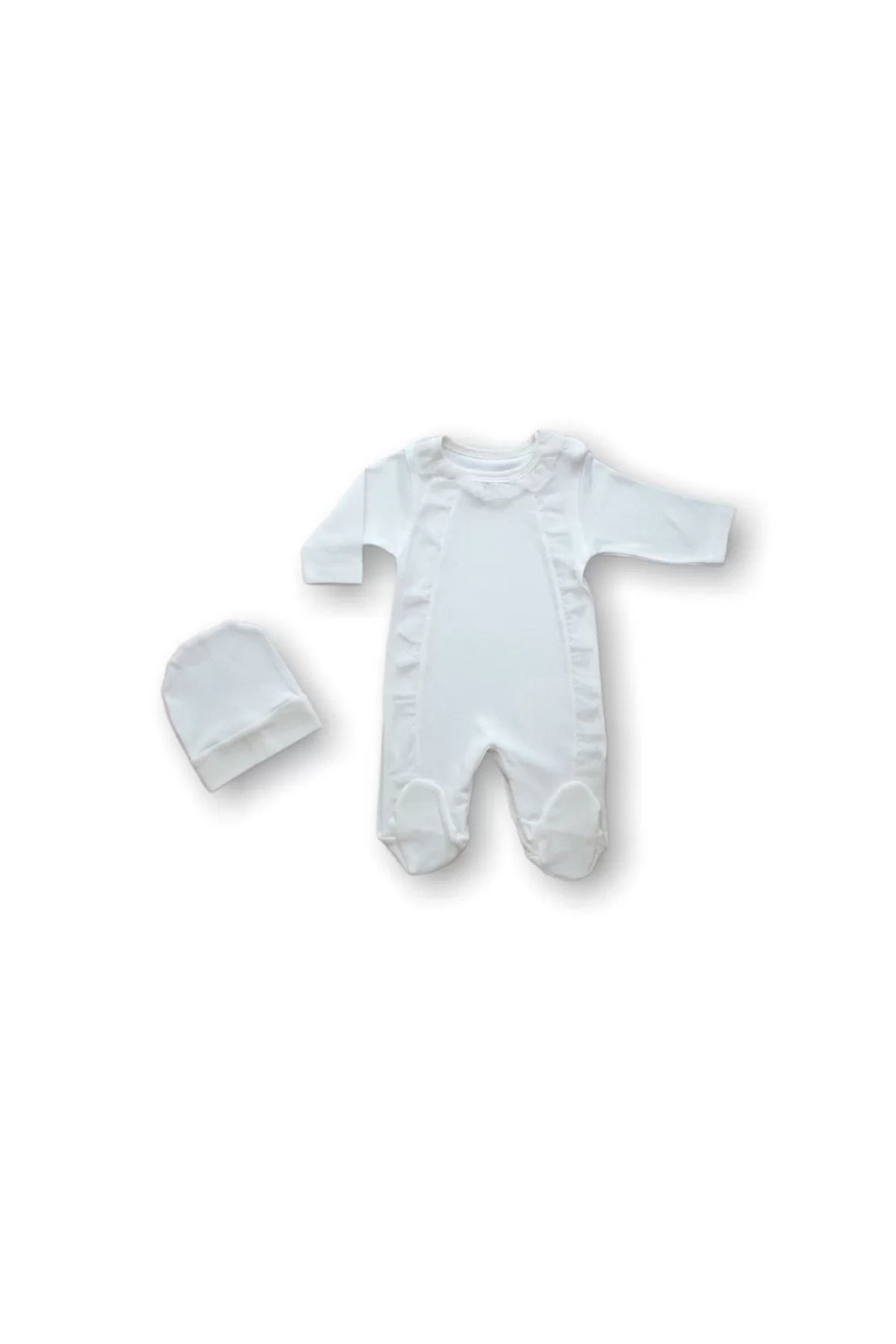 Shop58 Tüllü Fırfır Detaylı Şapkalı Uzun Kollu Kız Bebek Tulumu Ekru