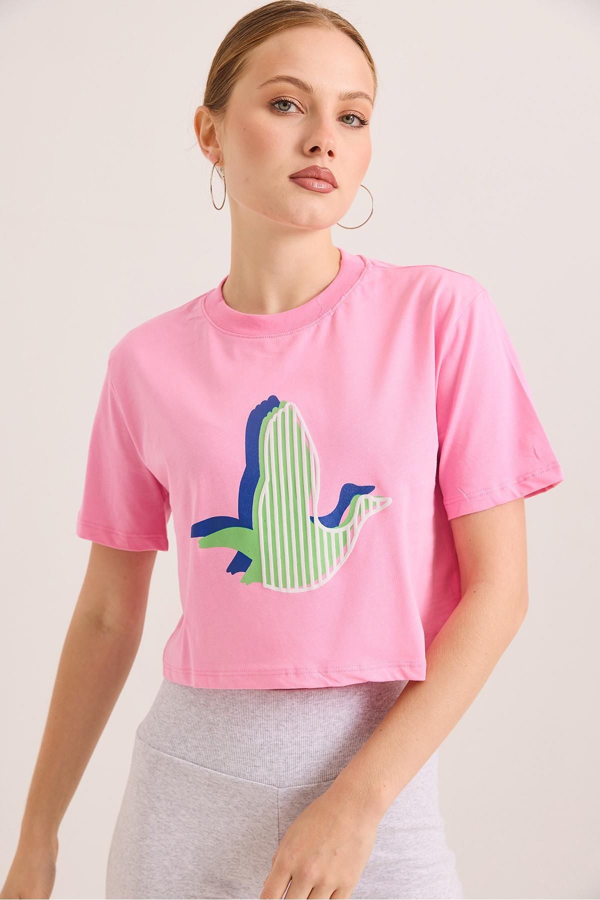 Raneel Kazançlı Alışveriş Karikatür Kuş Baskılı Pamuk Örme Crop Tshirt Pembe