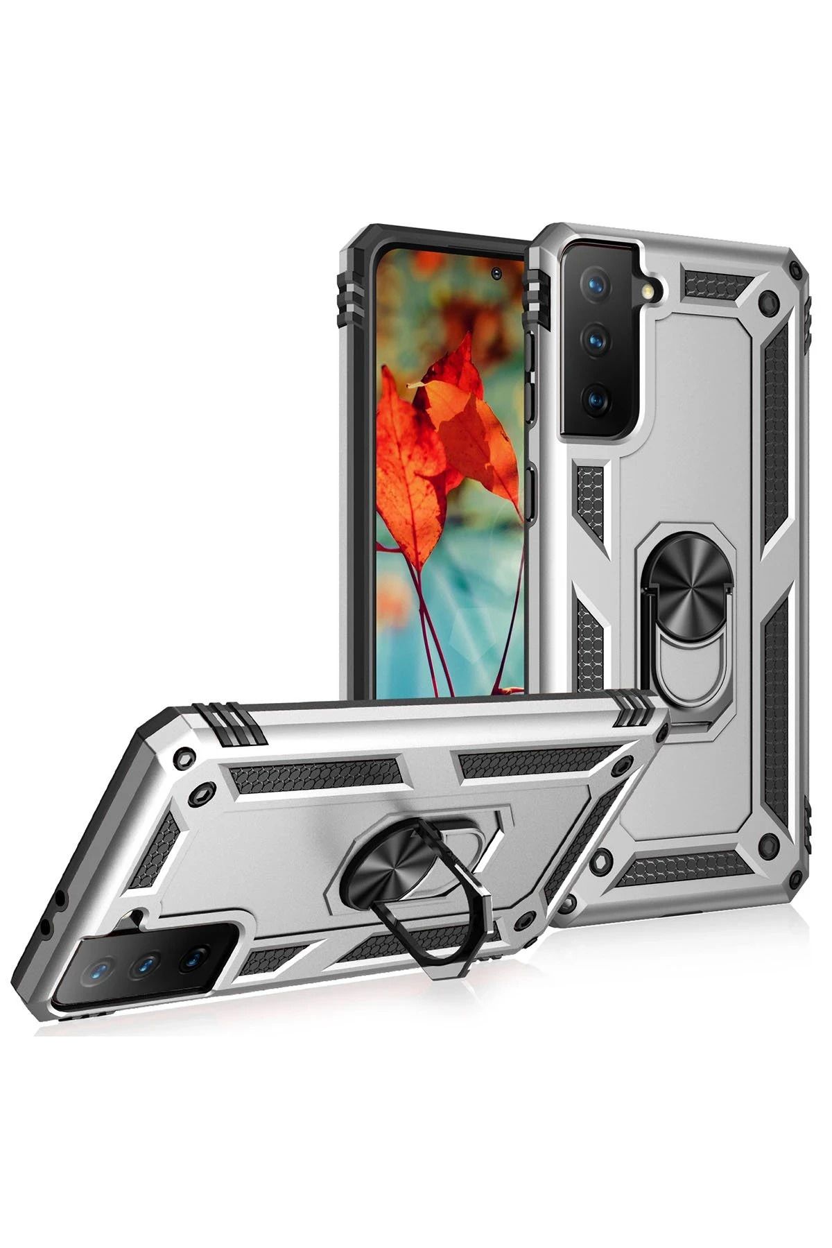 NewFace Samsung Galaxy S21 Kılıf Sofya Yüzüklü Silikon Kapak - Gümüş SVLRS