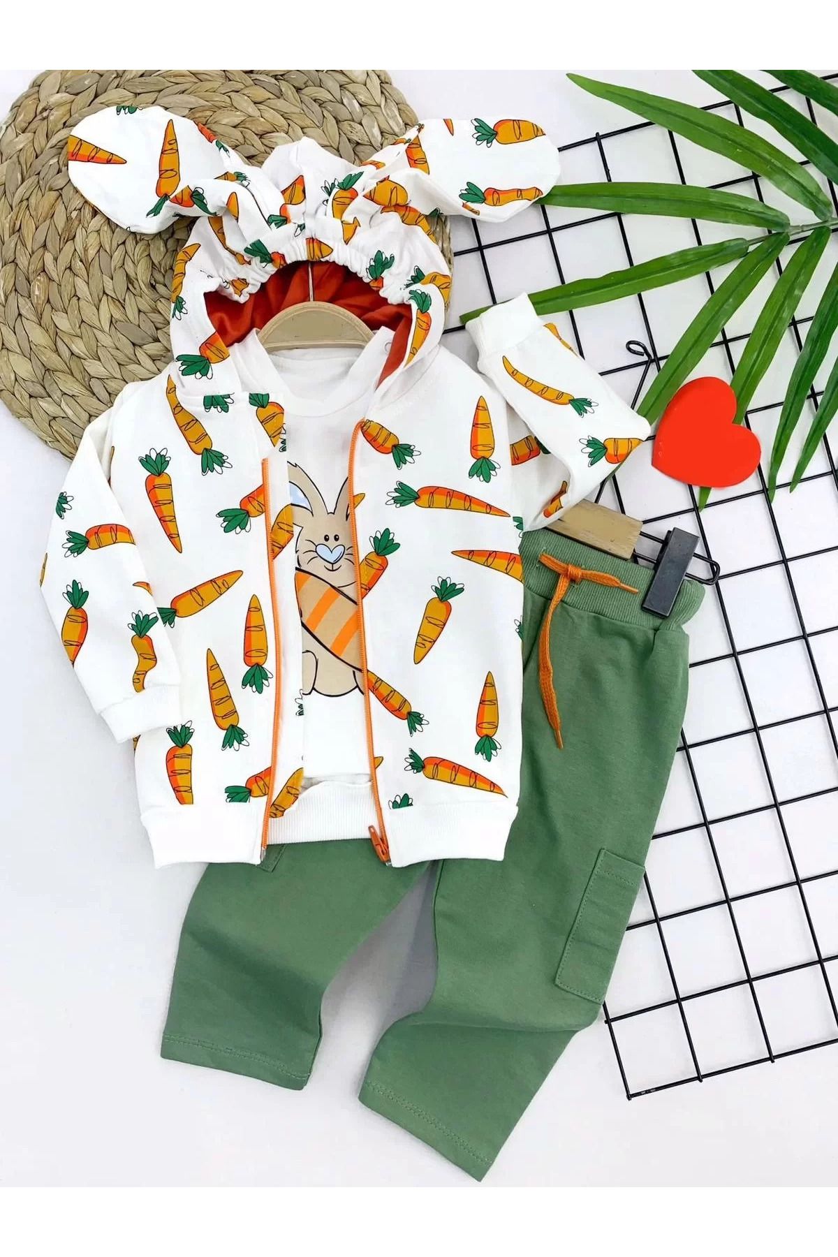 Shop58 Havuçlu Kulaklı Kapşonlu Fermuar Kapamalı 3lü Erkek Bebek Takımı Ekru