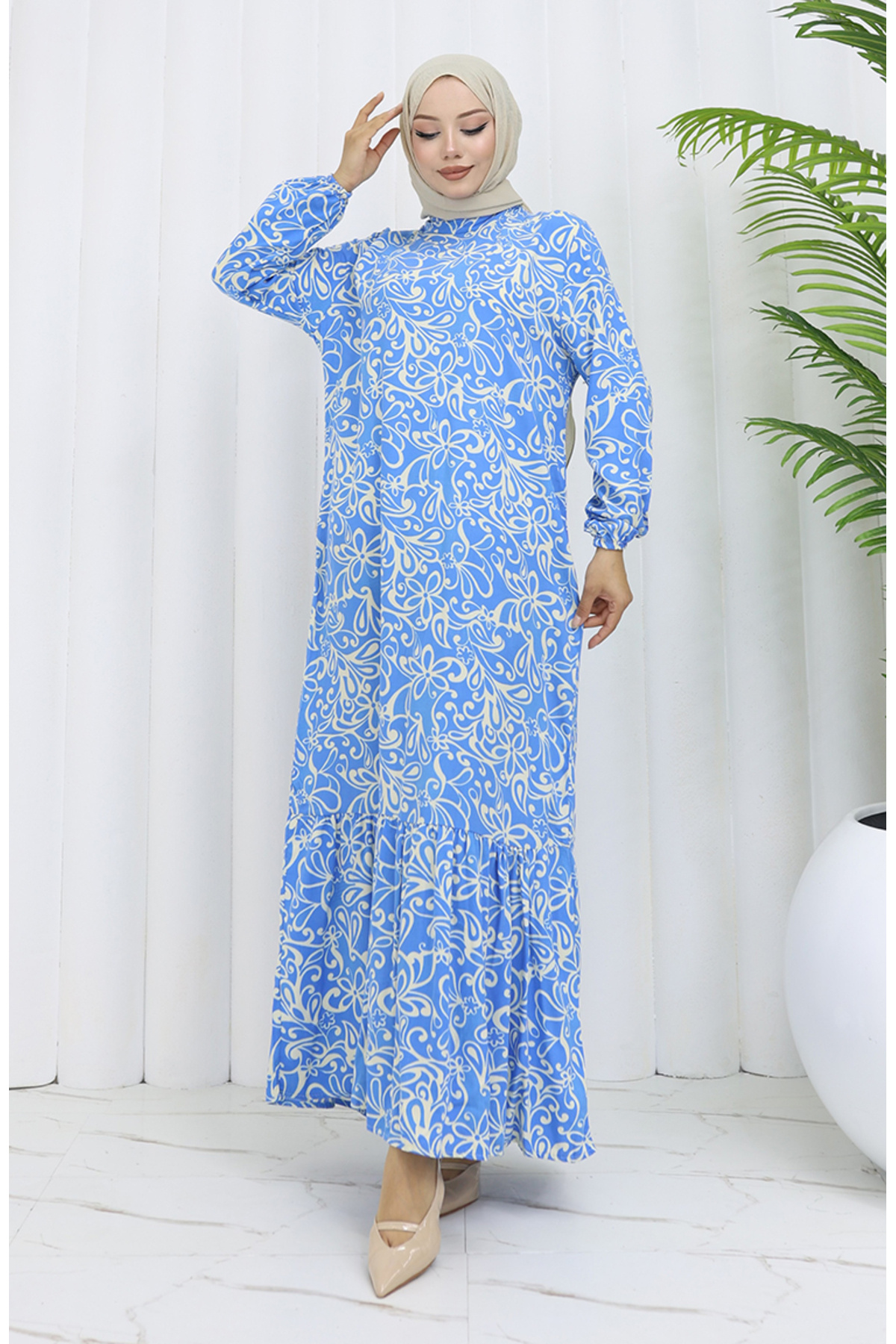 sefamerve-Viscose Fabric Elastic Sleeve Patterned Dress 2036-01 Blue 2
