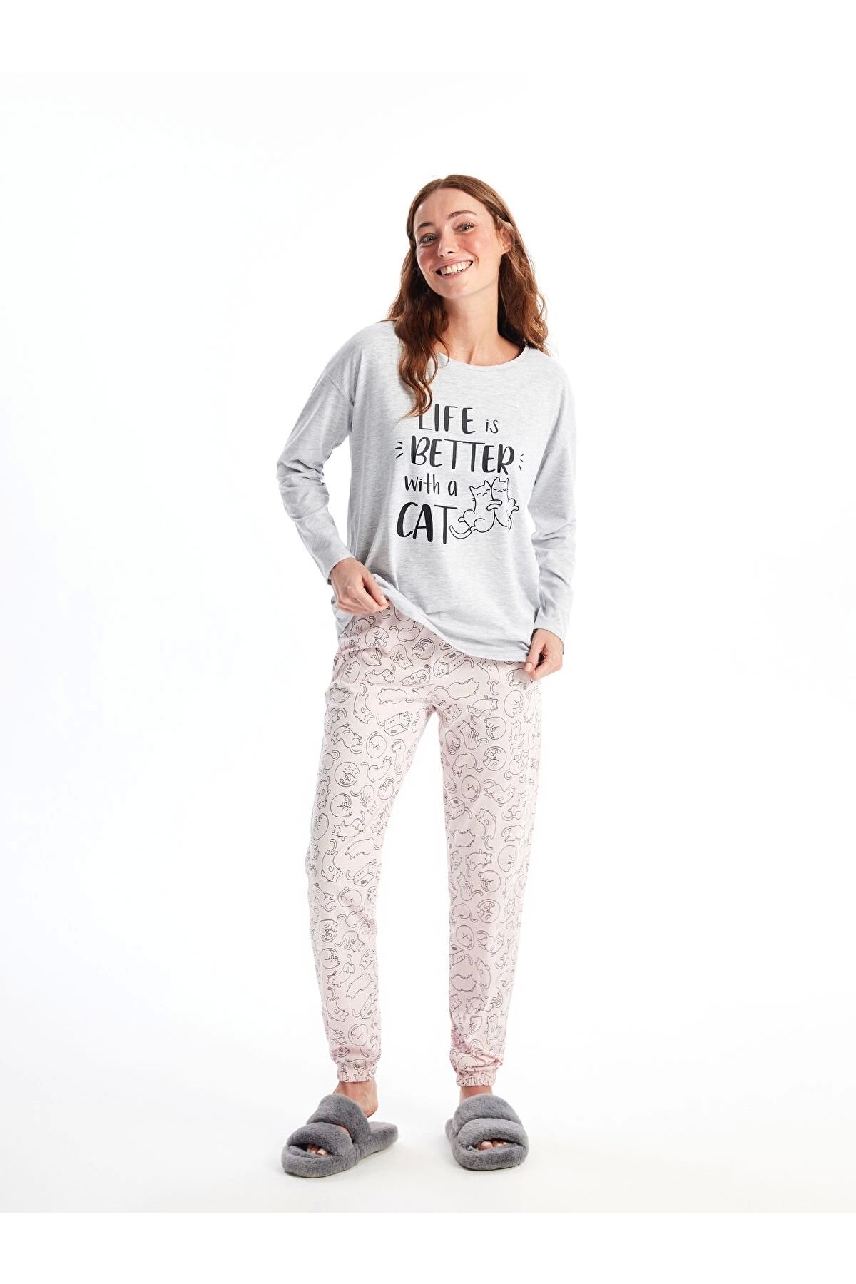 LC Waikiki LCW DREAM Pembe Bisiklet Yaka Baskılı Uzun Kollu Kadın Pijama Takımı