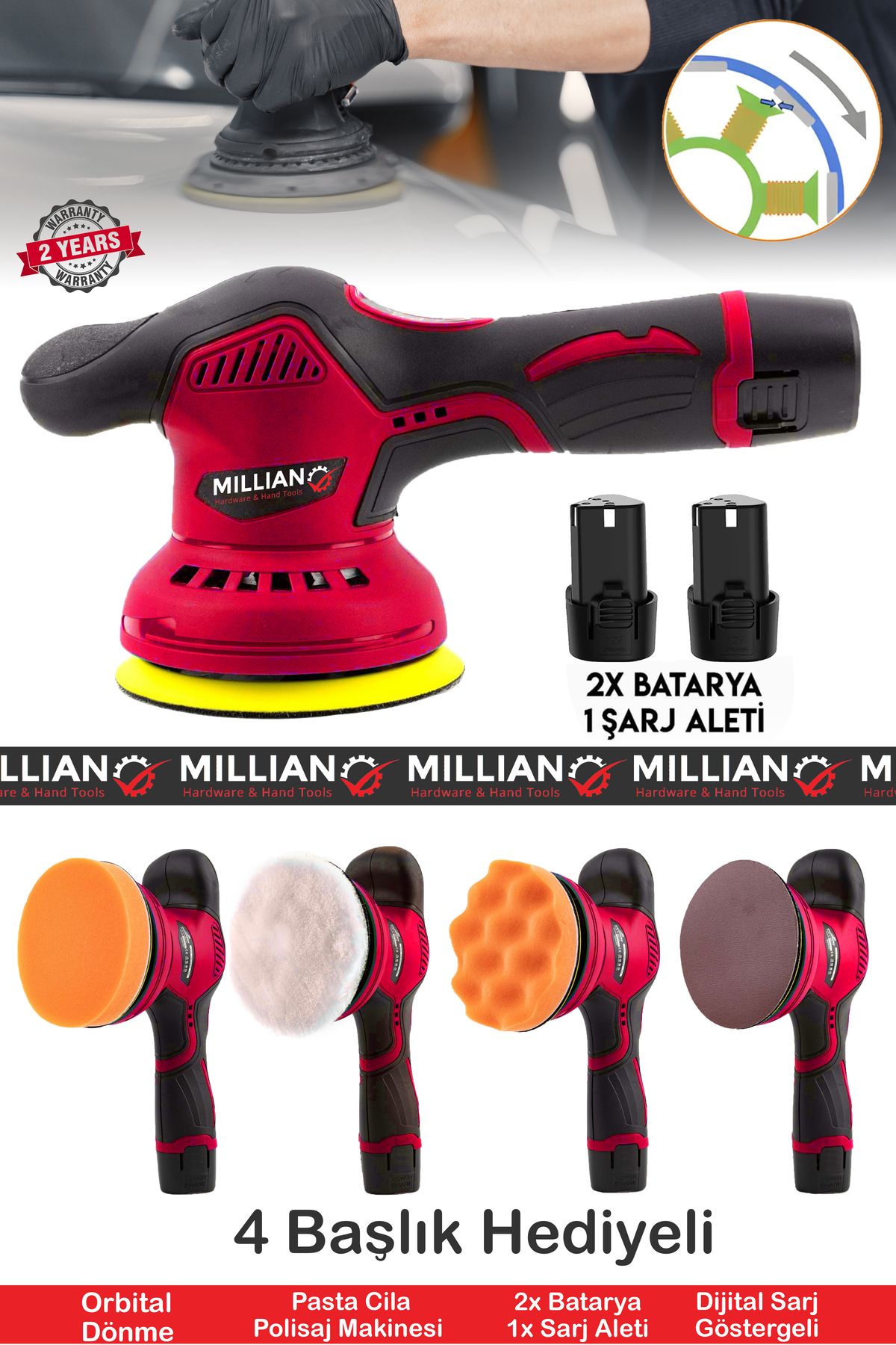 Millian 58 V Orbital 6 Kademeli Polisaj Makinesi Otomatik Şanzıman Devir Ayarlı Zımpara Cila Pasta Parlatma