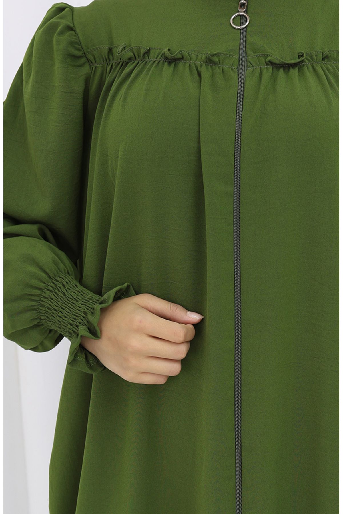 sefamerve-Zippered Ferace with Elastic Handle 2035-05 Khaki 4