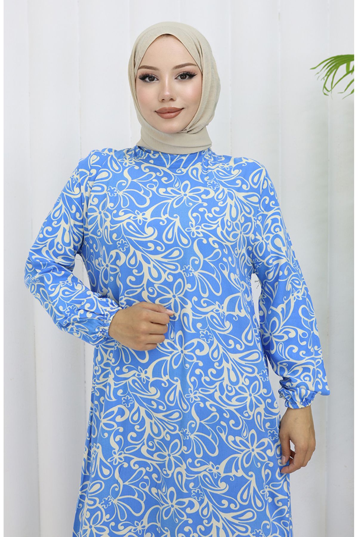 sefamerve-Viscose Fabric Elastic Sleeve Patterned Dress 2036-01 Blue 3