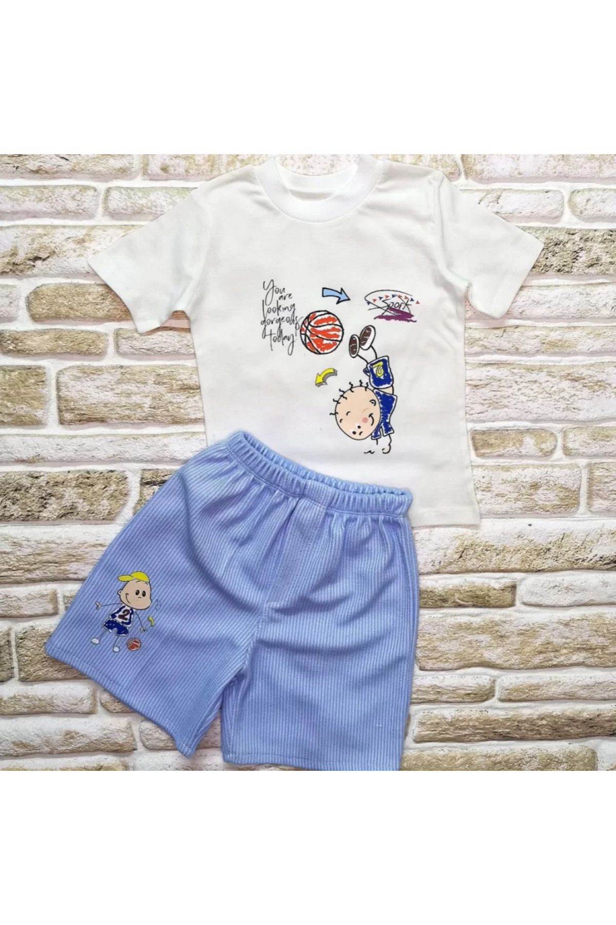 Shop58 Topçu Erkek Çocuk Baskılı Şortlu Kısa Kollu Tişört 2li Erkek Bebek Takımı