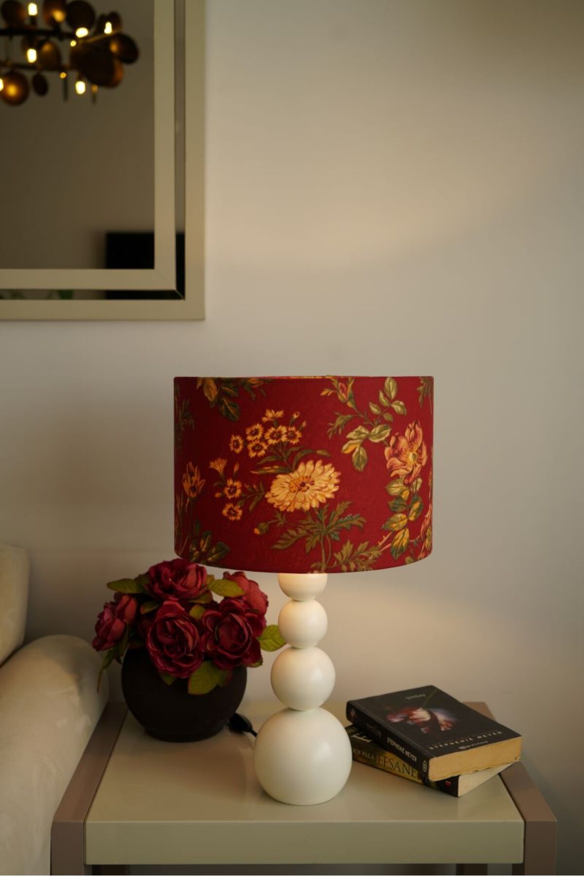 retro home design Krem Ayaklı Silindir Kırmızı Çiçek Desenli Masa Lambası Abajur Salon Yatak Odası