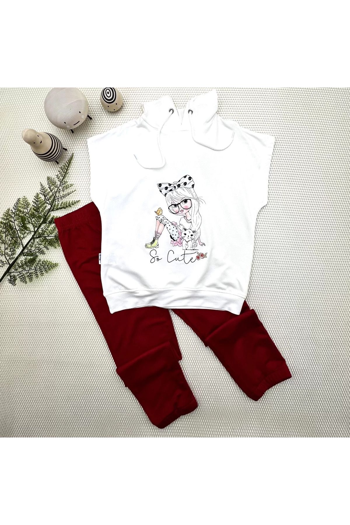 Shop58 Kapşonlu Sevimli Kız Baskılı Kısa Kolu 2li Kız Erkek Çocuk Takımı Kırmızı