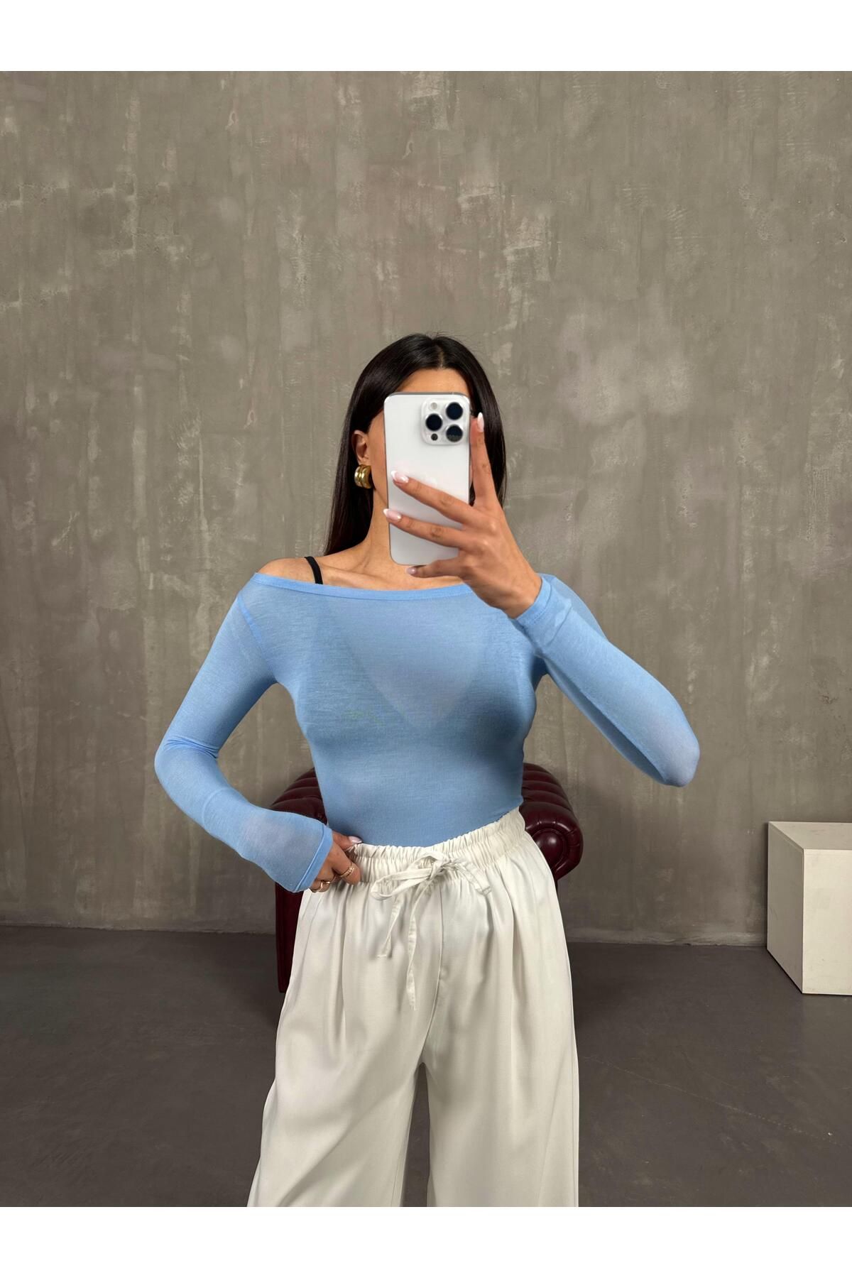 Gaus Mavi Transparan Kaşmir Dokulu Bluz Gaus00272