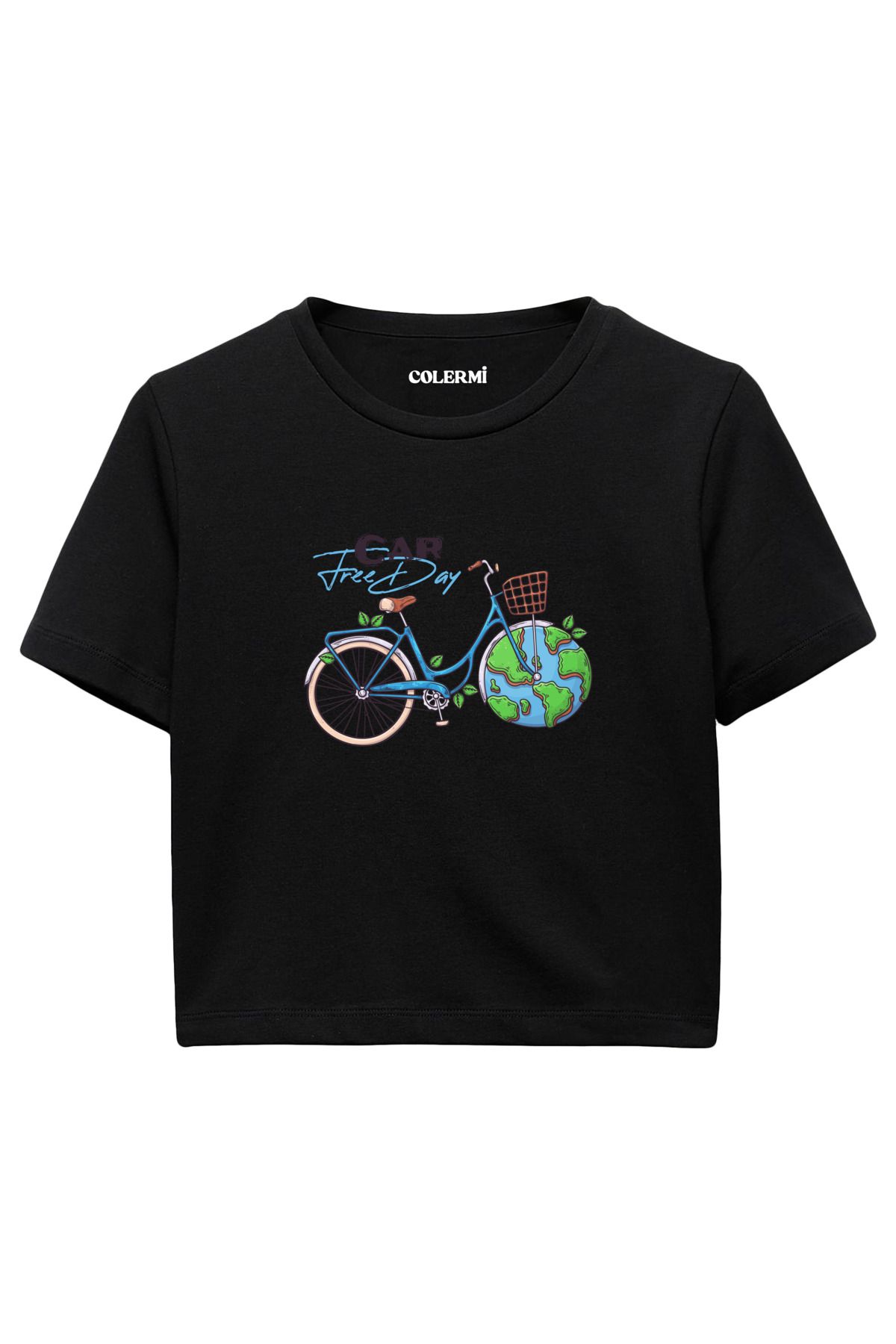Colermi Car Free Day Baskılı %100 Pamuk Kadın Crop Tshirt