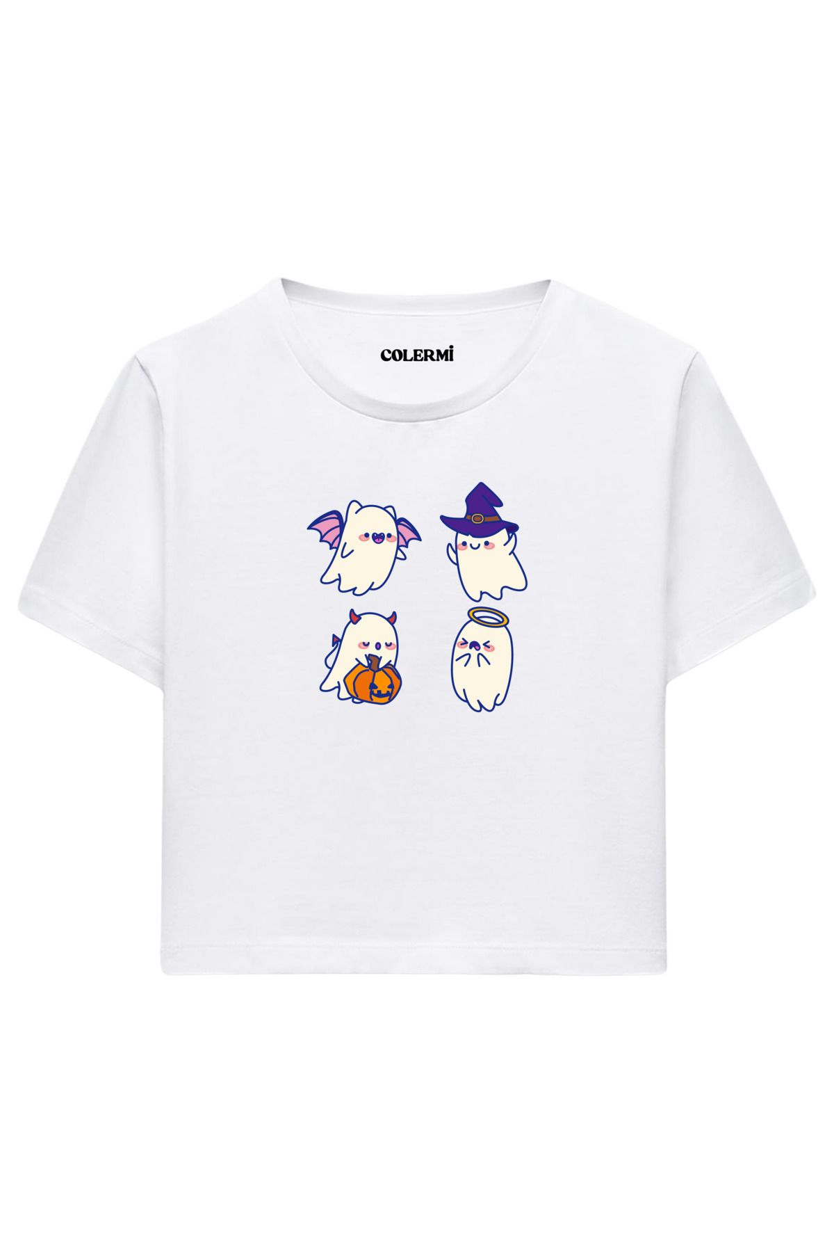 Colermi Sevimli Hayalet Baskılı %100 Pamuk Kadın Crop Tshirt