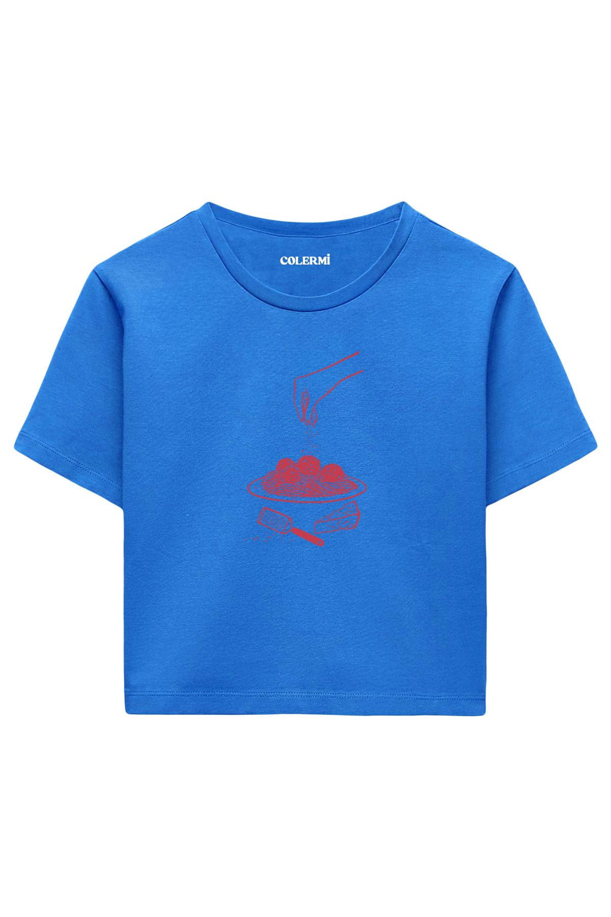 Colermi Makarna ve Peynir Baskılı %100 Pamuk Kadın Crop Tshirt