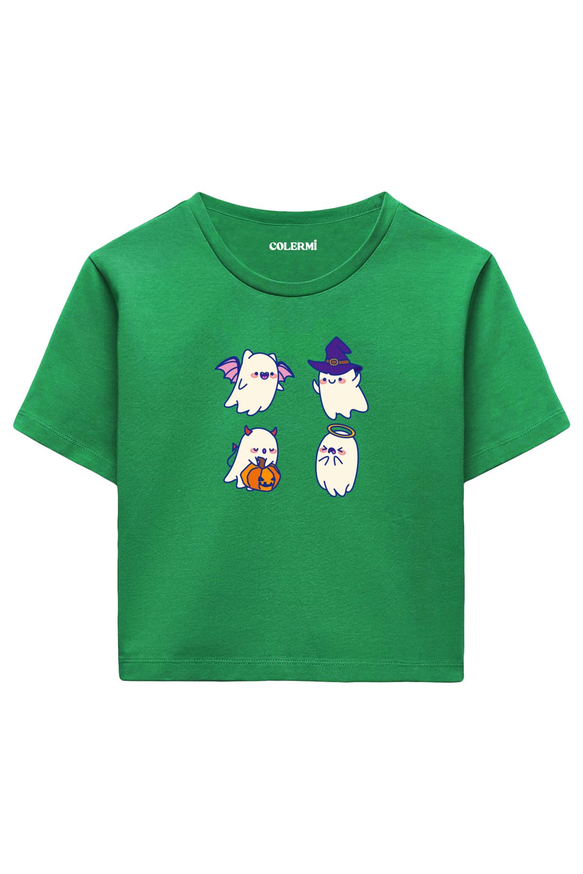 Colermi Sevimli Hayalet Baskılı %100 Pamuk Kadın Crop Tshirt