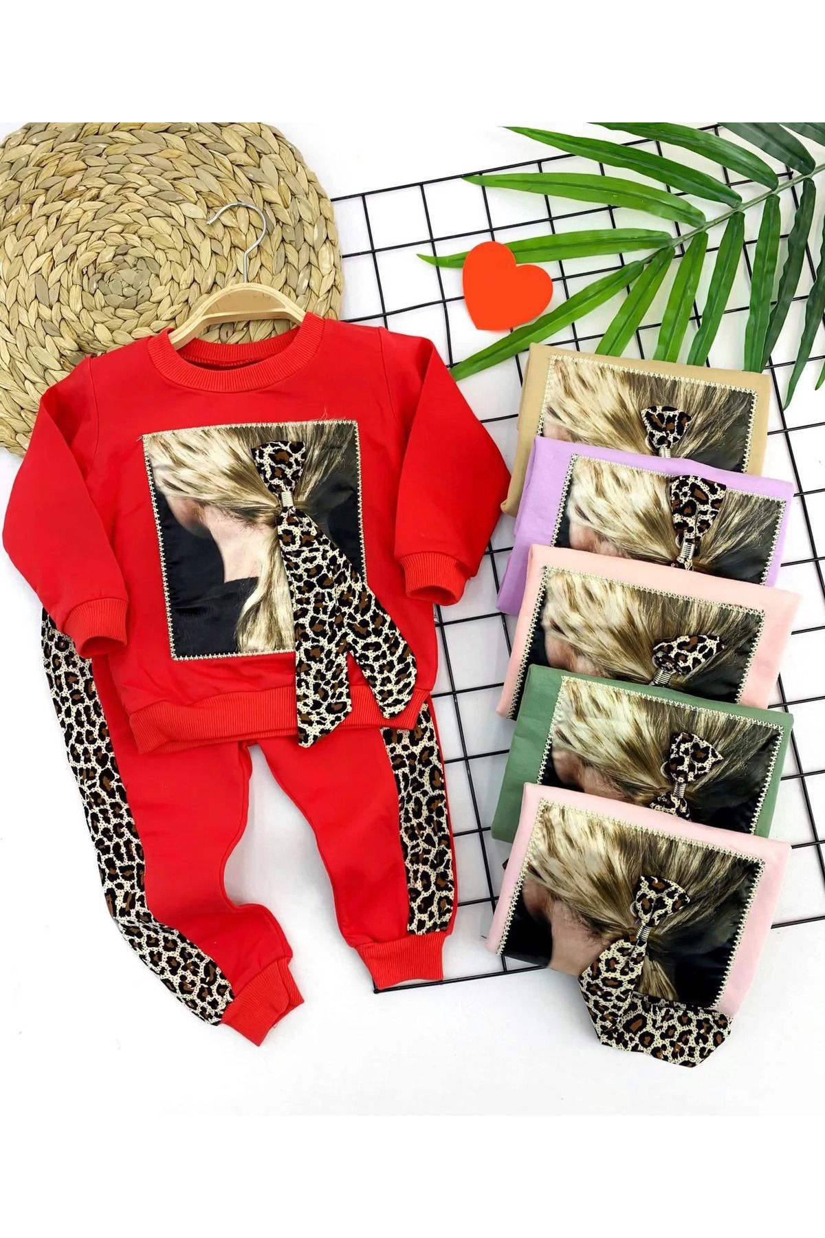 Shop58 3-4-5-6 Yaş Lepoar Tokalı Leopar Şerit 2li Kız Çocuk Takımı Pudra