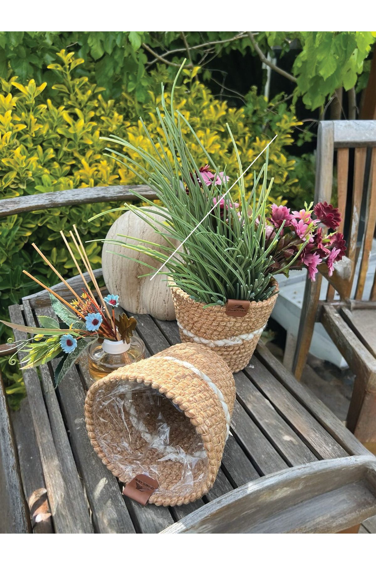 homeınn 2'li dekoratif saksı sepet 15x16x10 cm Leke tutmaz Natural-Mavi - İç poşetli
