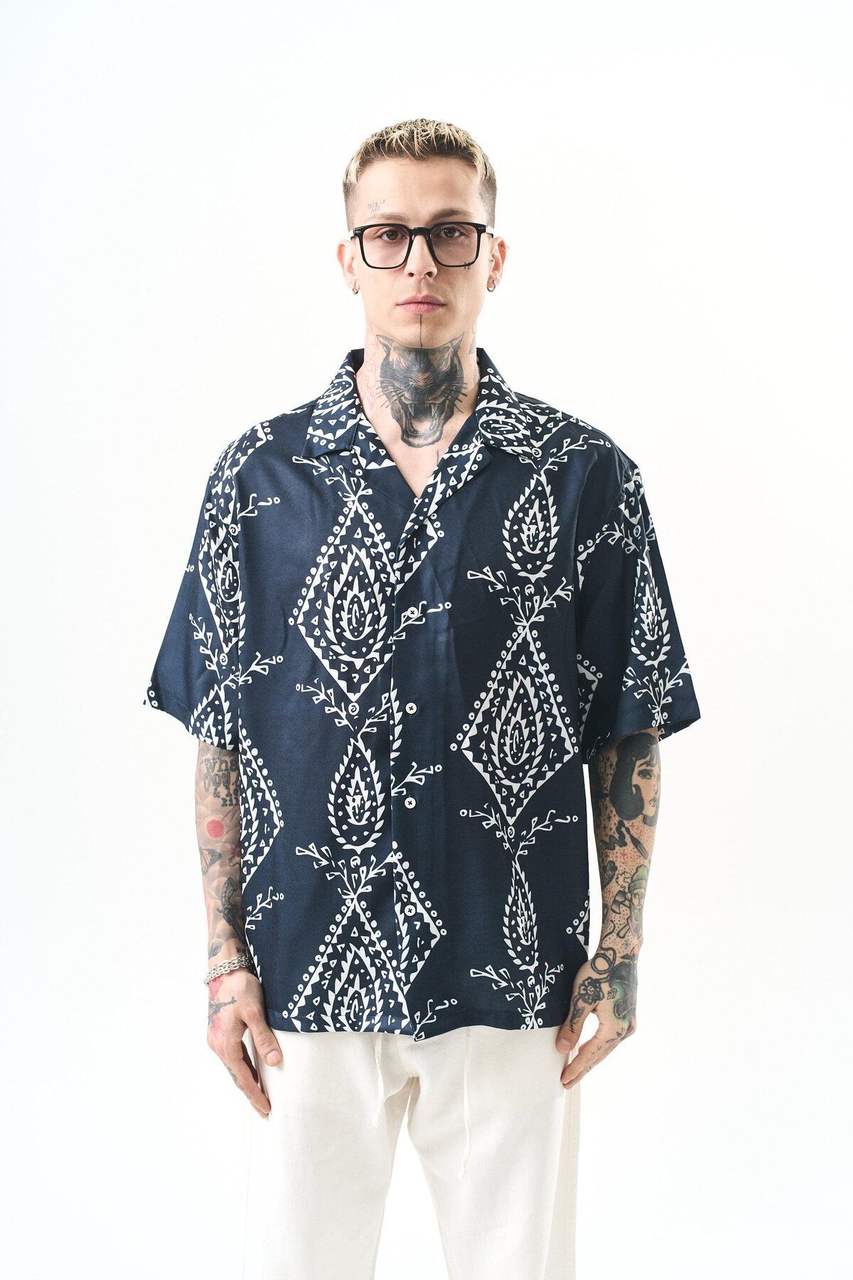 Respire Erkek Pais Pattern Baskılı Oversize Gömlek Beyaz