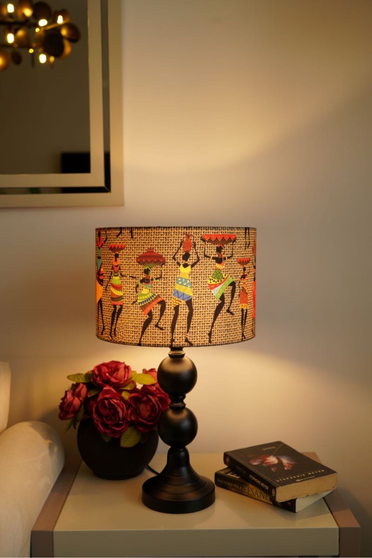 retro home design Siyah Dejavu Silindir Baskı Kumaşlı Kuba Desenli Masa Lambası Abajur Salon Yatak Odası