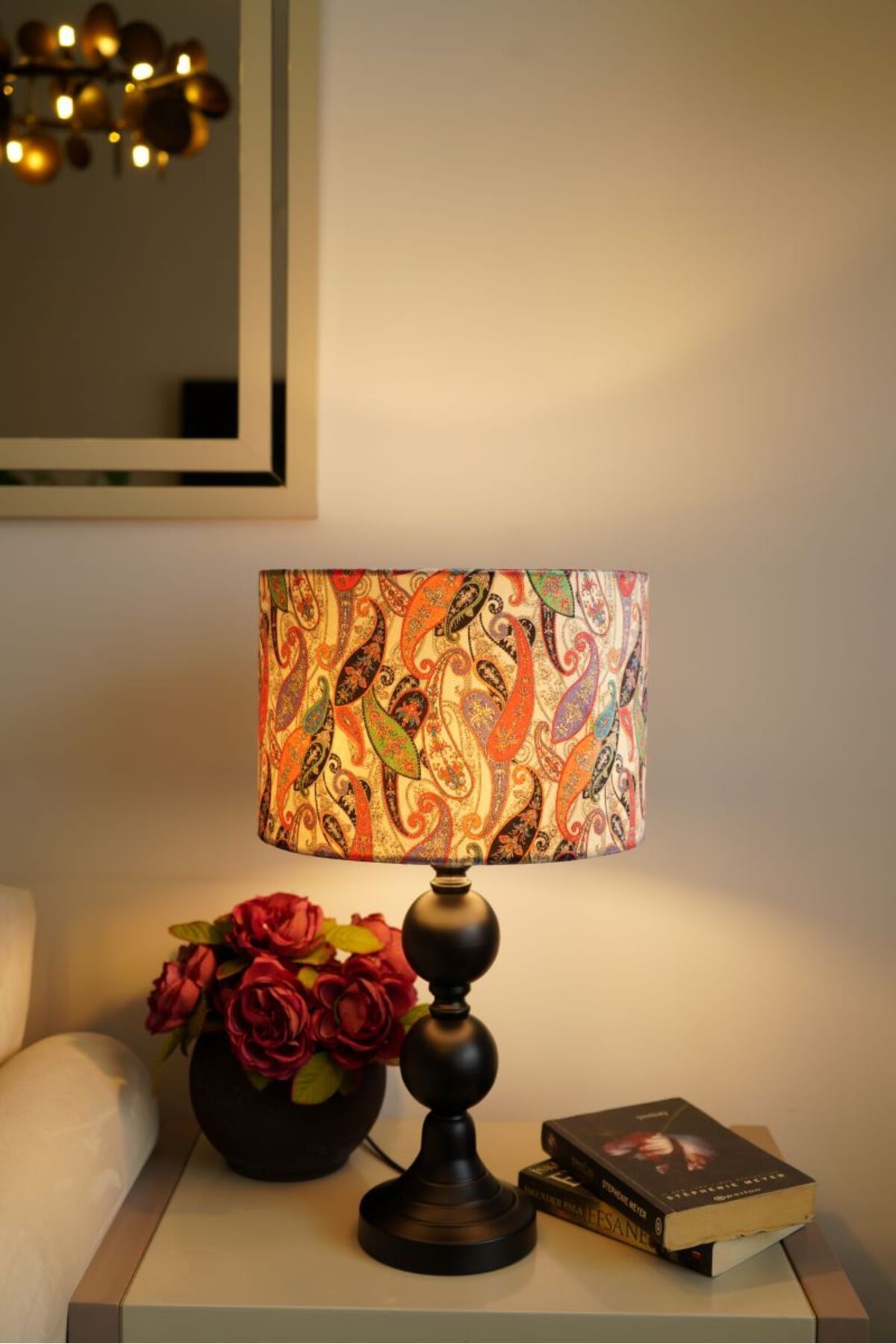 retro home design Siyah Dejavu Silindir Kadife Kumaşlı Yaprak Desenli Masa Lambası Abajur Salon Yatak Odası