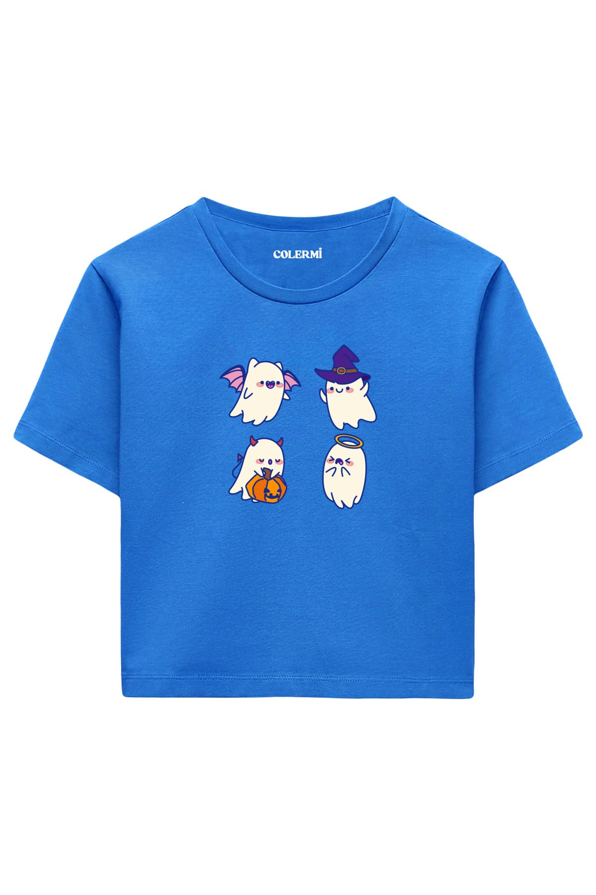 Colermi Sevimli Hayalet Baskılı %100 Pamuk Kadın Crop Tshirt