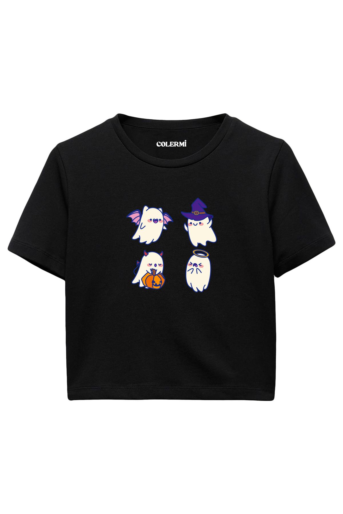 Colermi Sevimli Hayalet Baskılı %100 Pamuk Kadın Crop Tshirt