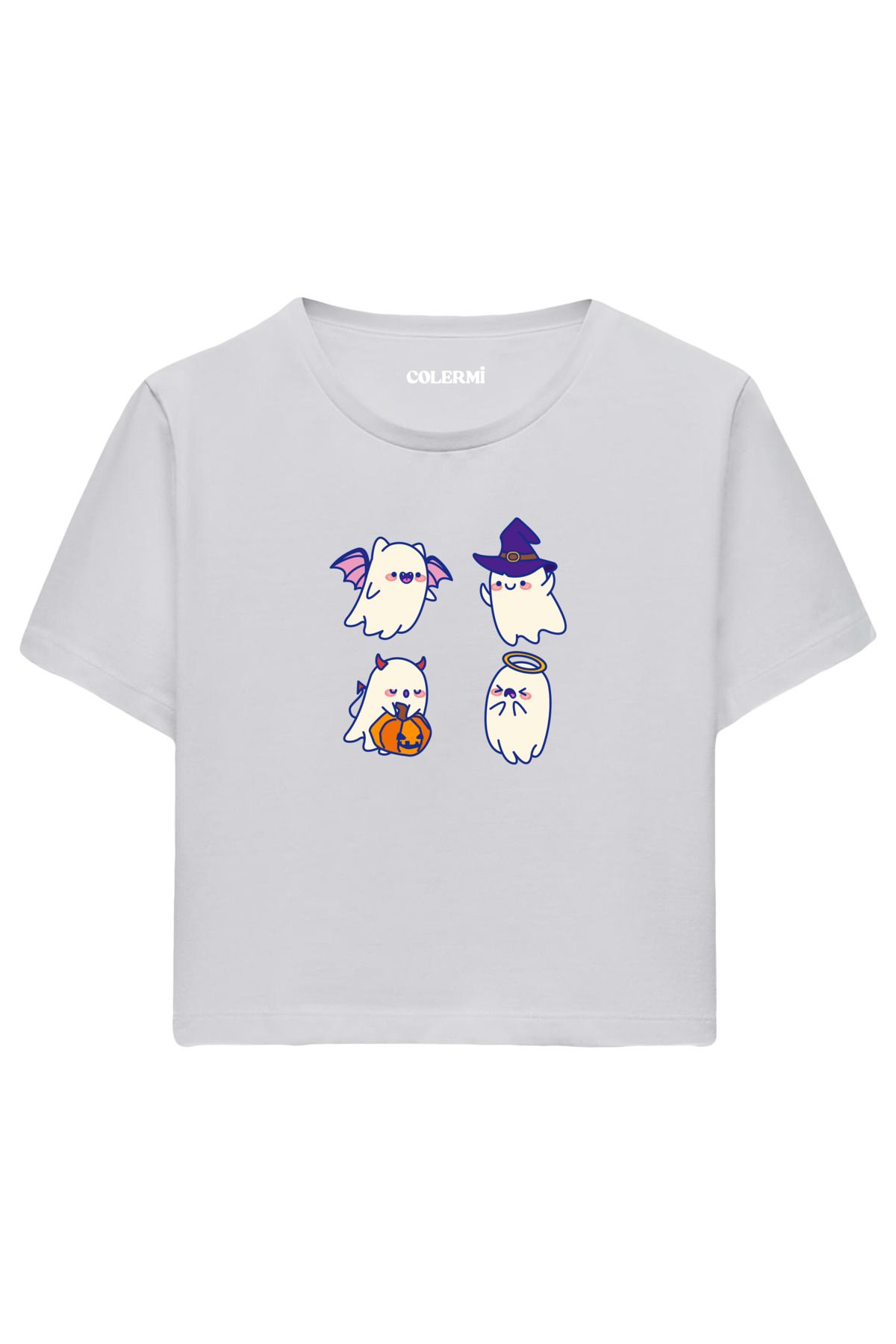 Colermi Sevimli Hayalet Baskılı %100 Pamuk Kadın Crop Tshirt
