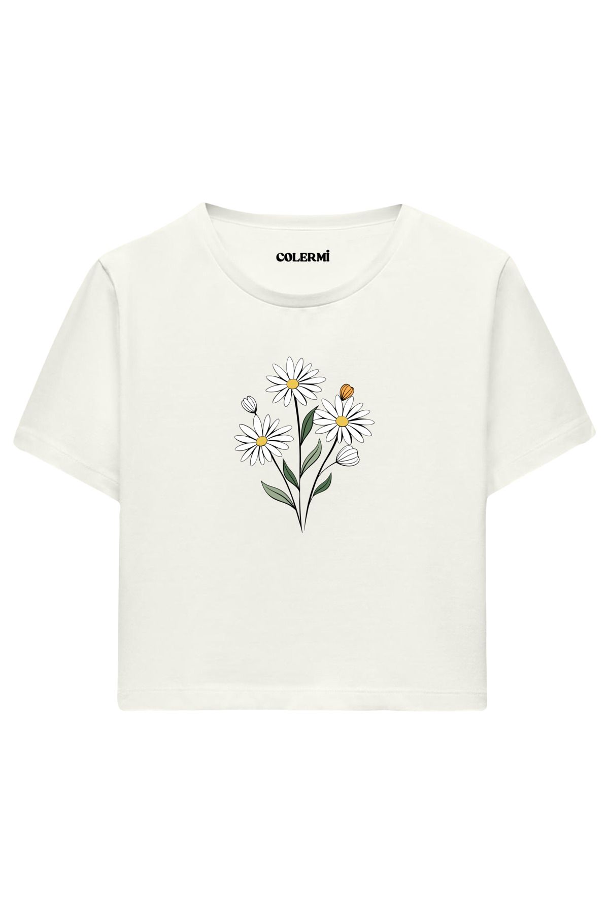 Colermi Papatya Baskılı %100 Pamuk Kadın Crop Tshirt