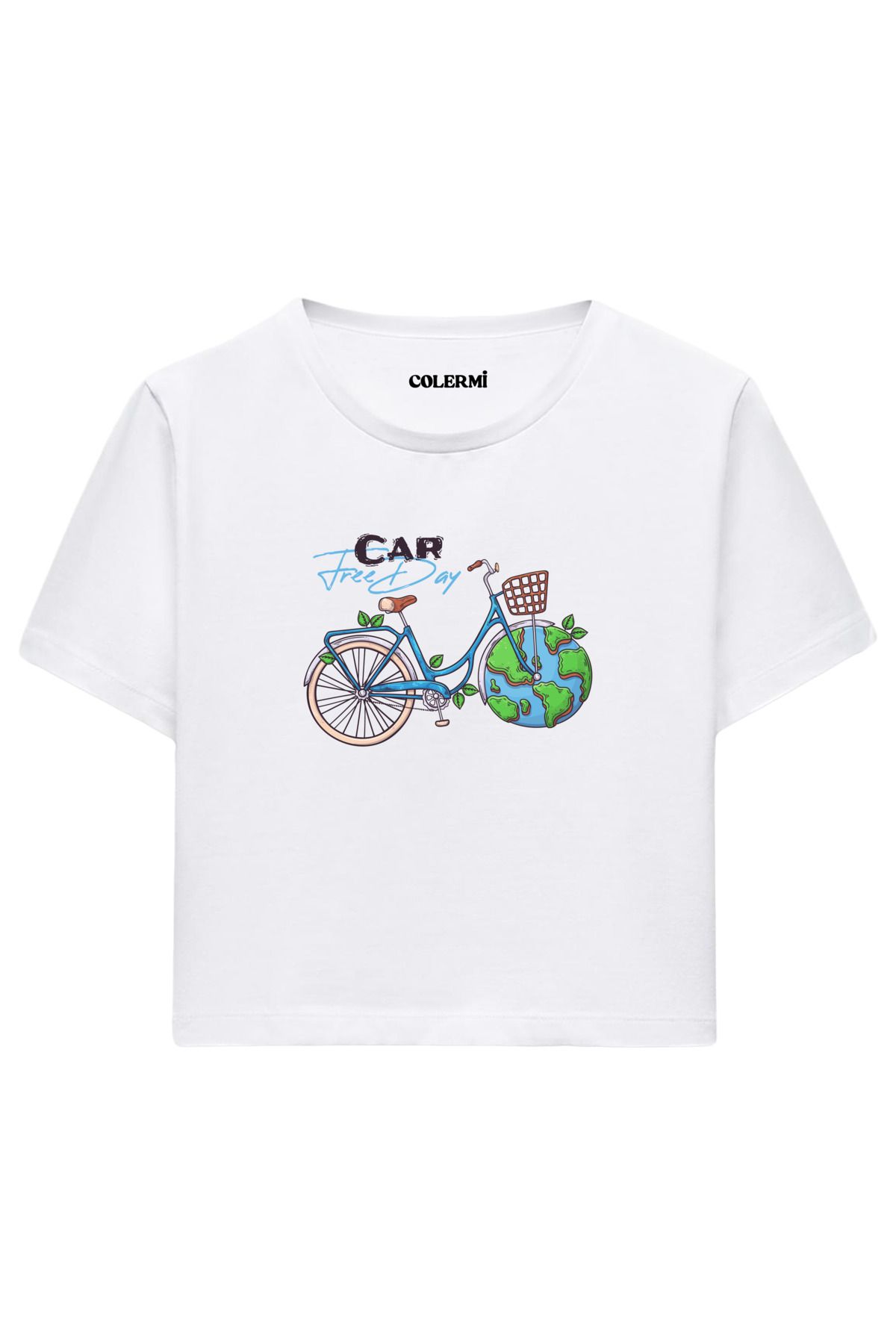 Colermi Car Free Day Baskılı %100 Pamuk Kadın Crop Tshirt