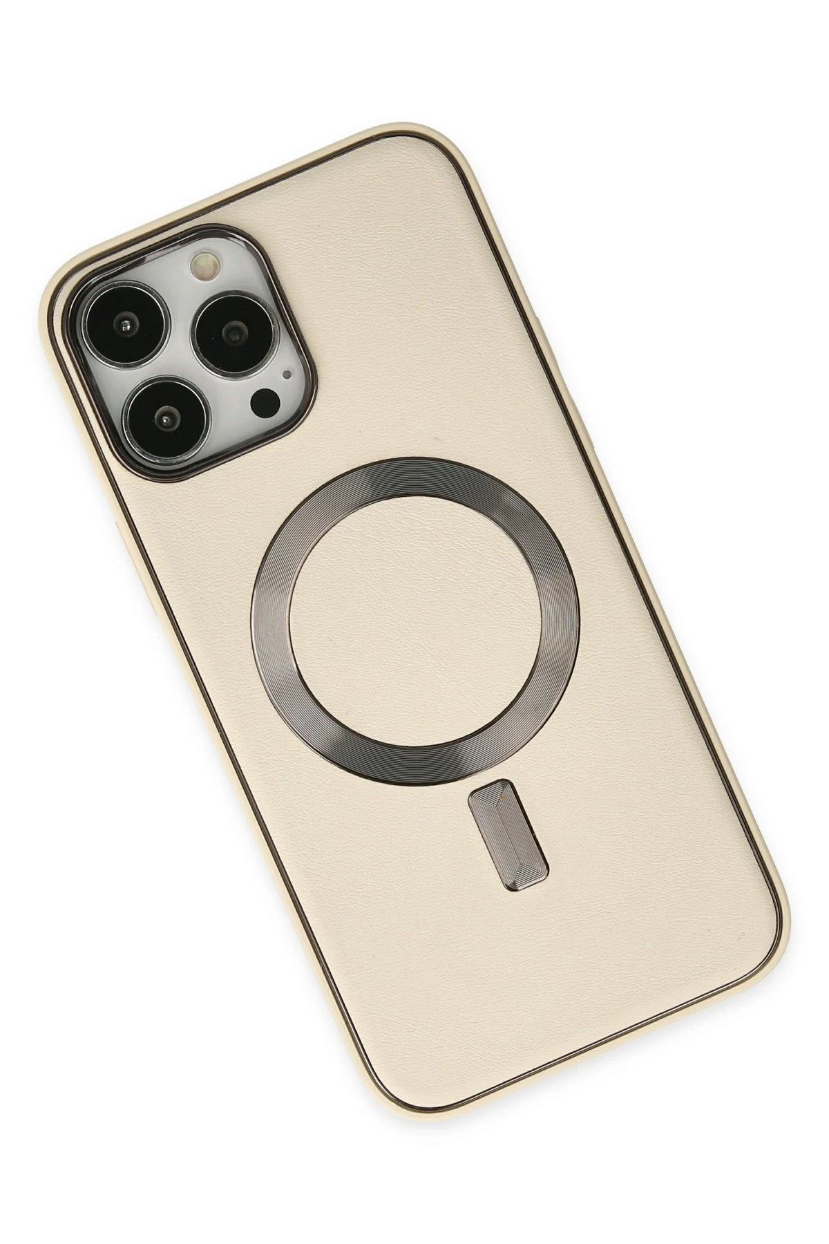 NewFace iPhone 13 Pro Max Kılıf Coco Deri Magneticsafe Silikon - Krem NRMSA