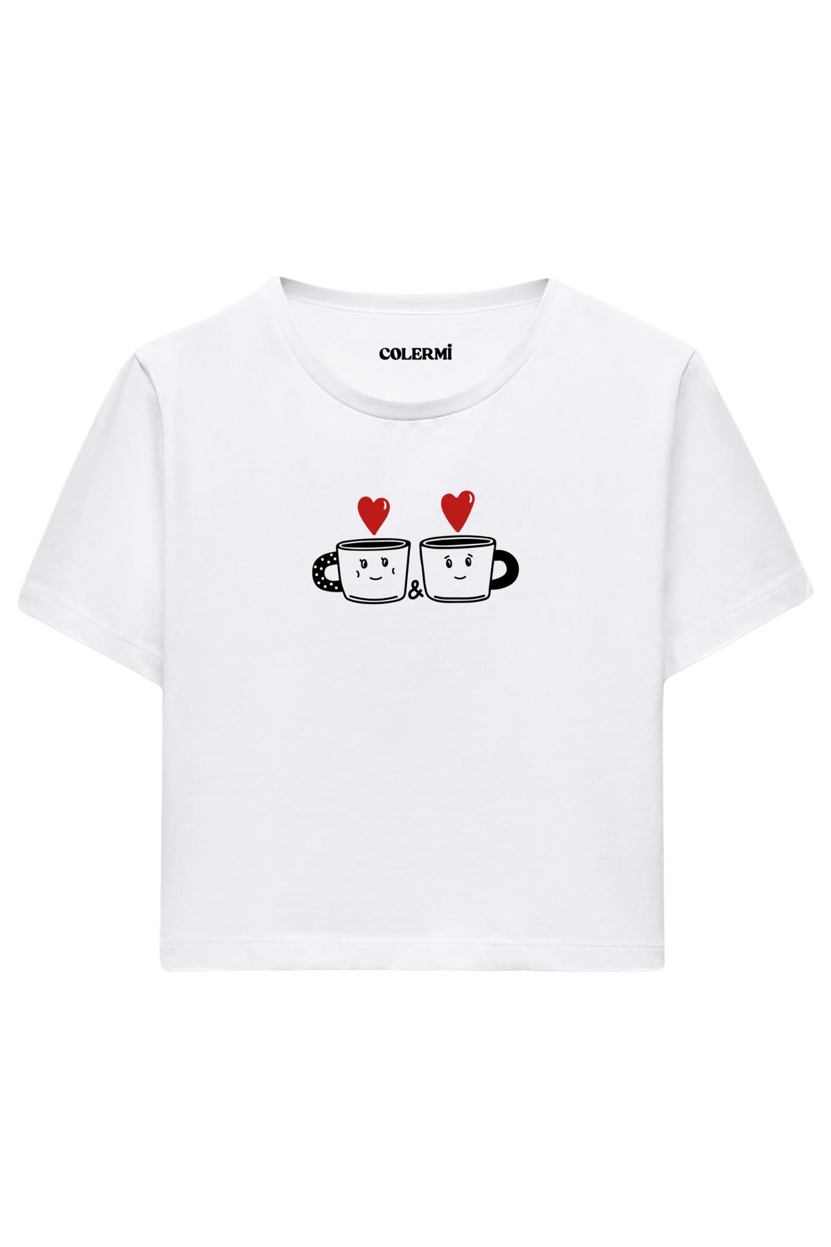 Colermi Kalpli Kahve Fincanı Baskılı %100 Pamuk Kadın Crop Tshirt