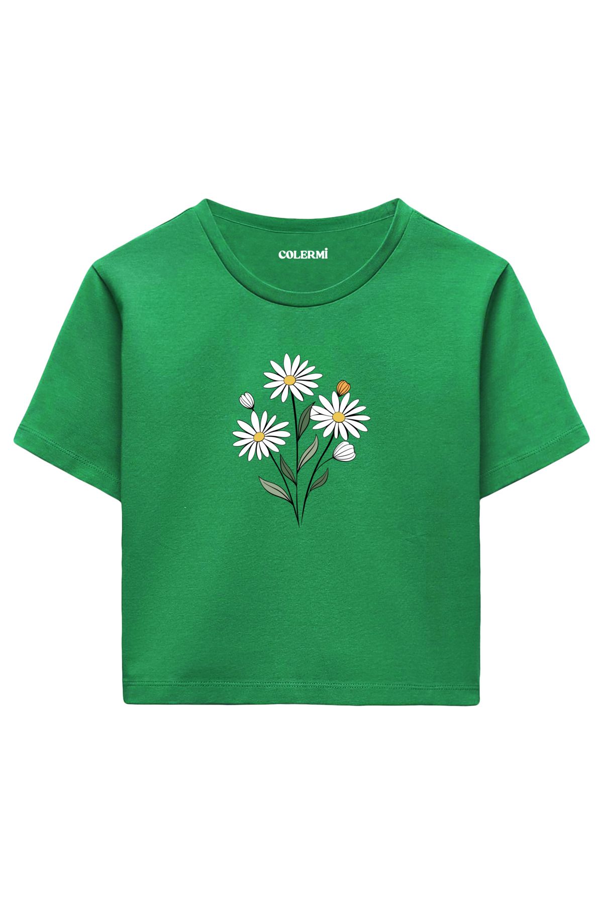 Colermi Papatya Baskılı %100 Pamuk Kadın Crop Tshirt
