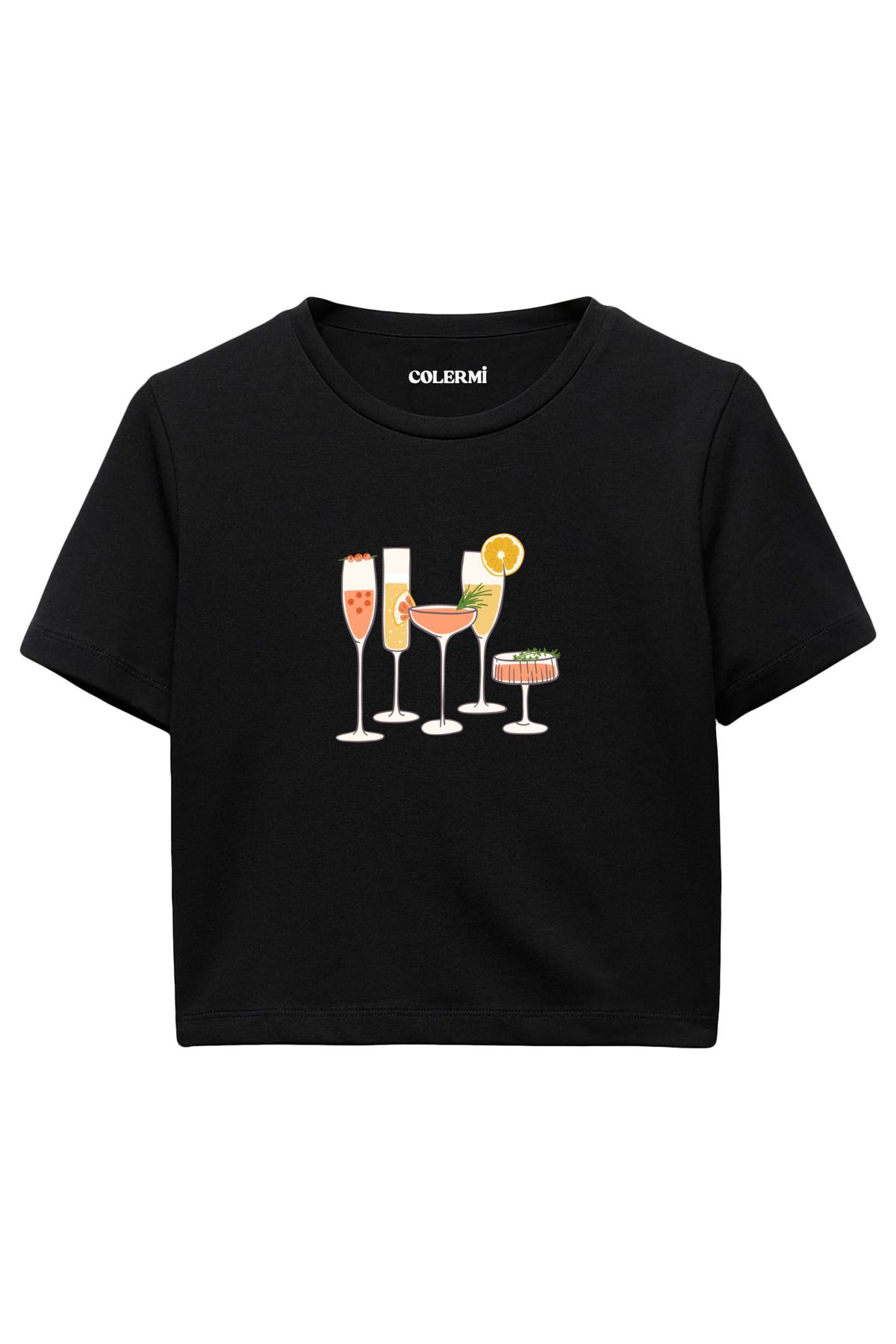 Colermi Kokteyl Bardakları Baskılı %100 Pamuk Kadın Crop Tshirt