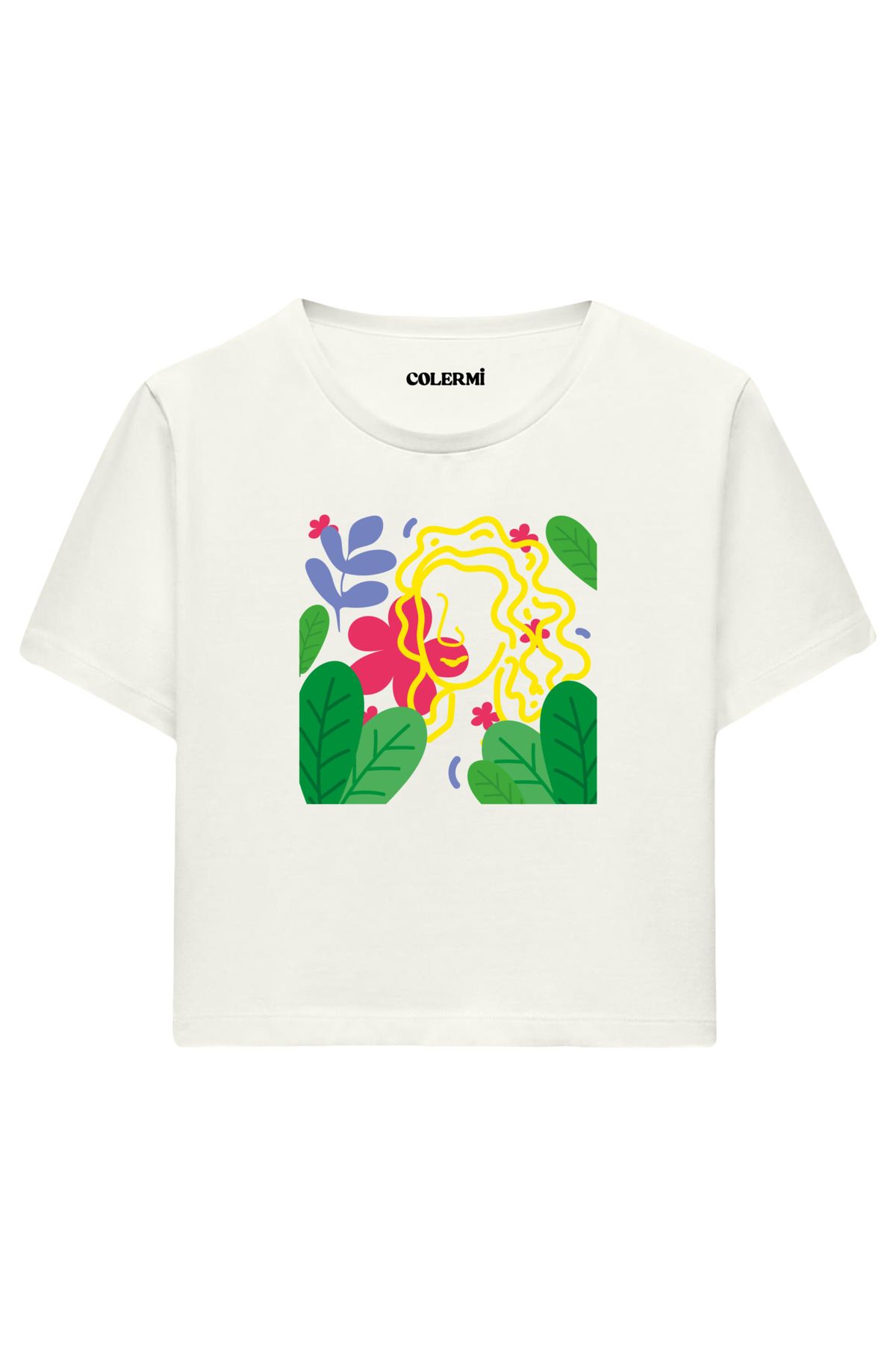 Colermi Çiçekler Arasında Kadın Yüzü Baskılı %100 Pamuk Kadın Crop Tshirt