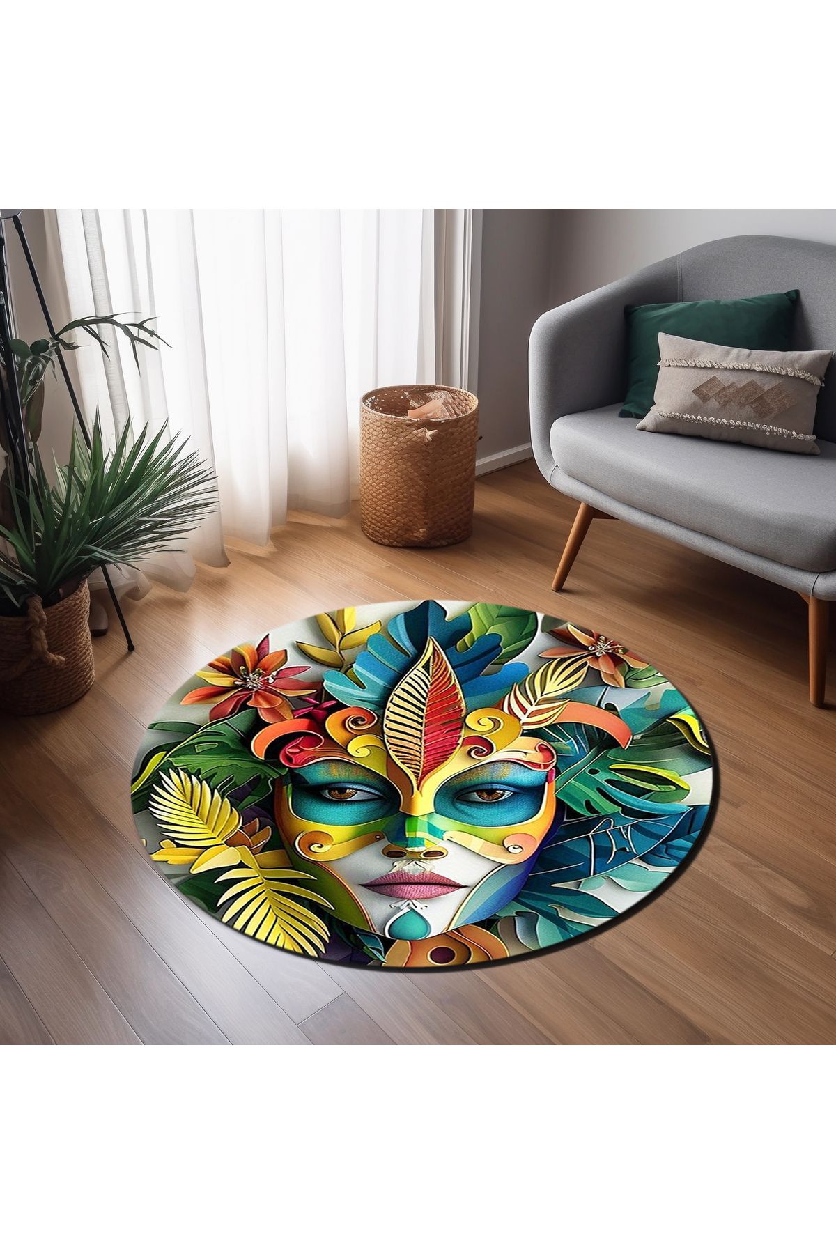 Rugs Modern Halı Alya Koleksiyonu Çok Renkli Maskeli Yüz Detaylı Dokuma Taban Yuvarlak Dekoratif Halı alya83