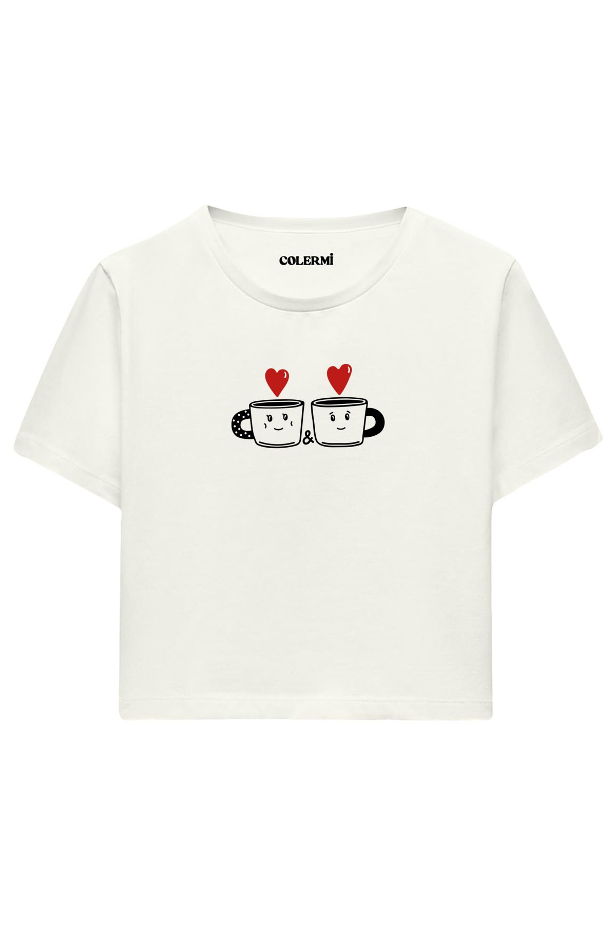 Colermi Kalpli Kahve Fincanı Baskılı %100 Pamuk Kadın Crop Tshirt