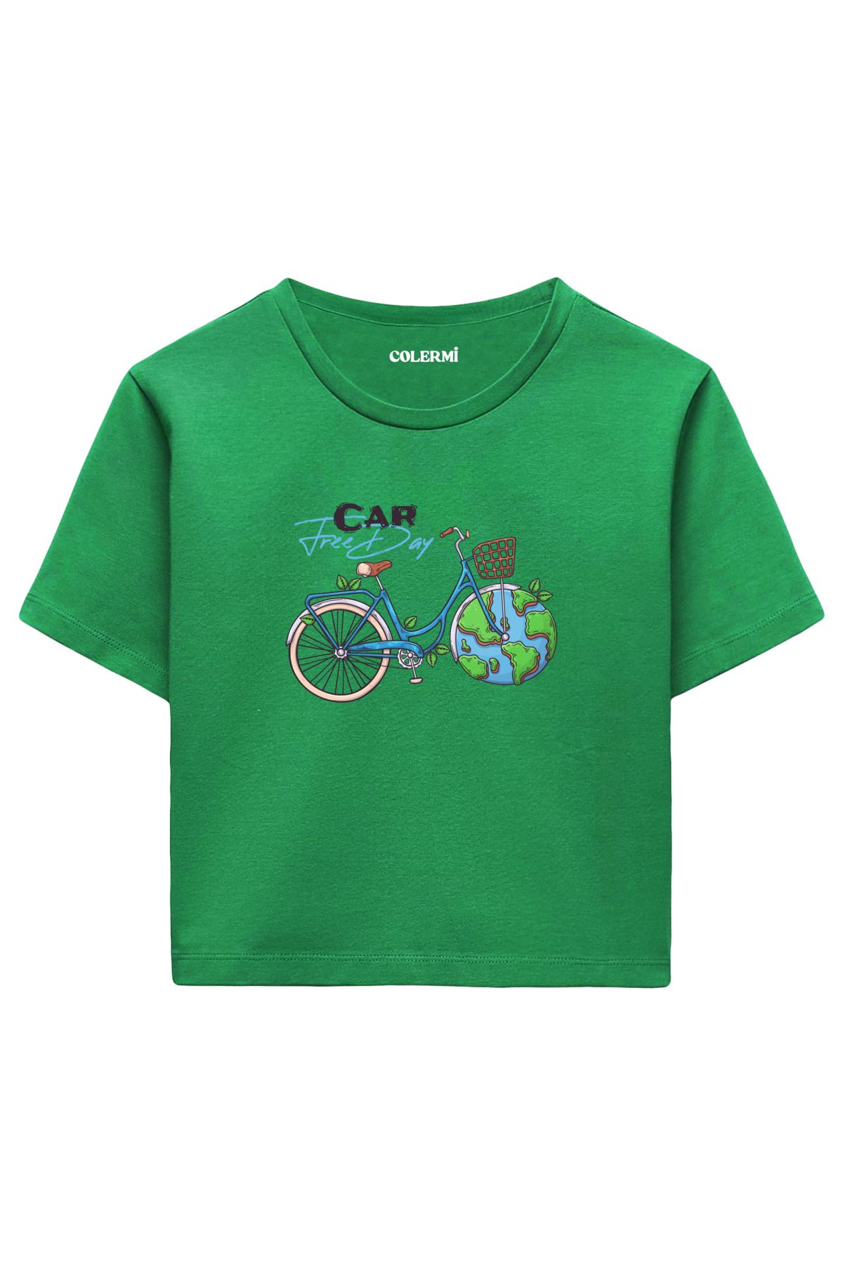Colermi Car Free Day Baskılı %100 Pamuk Kadın Crop Tshirt