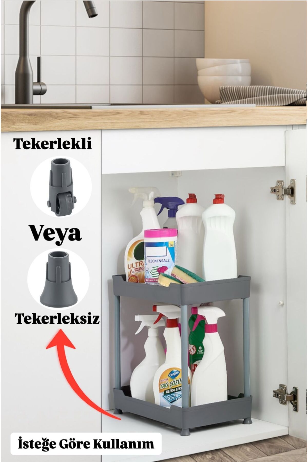 Bayev Class Gri 2 Katlı Lavabo Altı Düzenleyici Tekerlekli Deterjan Banyo Düzenleyici Raf Ünitesi