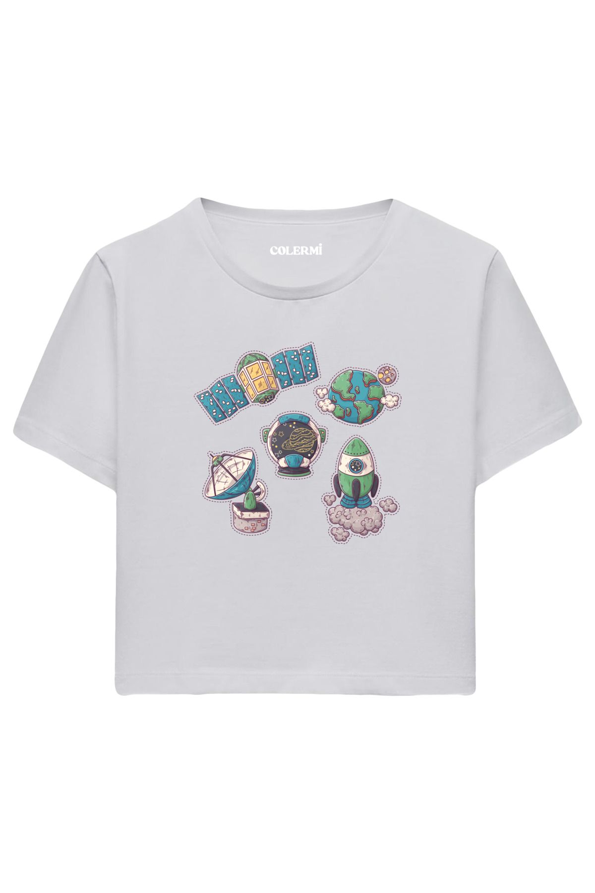 Colermi Uzay Keşif Temalı %100 Pamuk Kadın Crop Tshirt