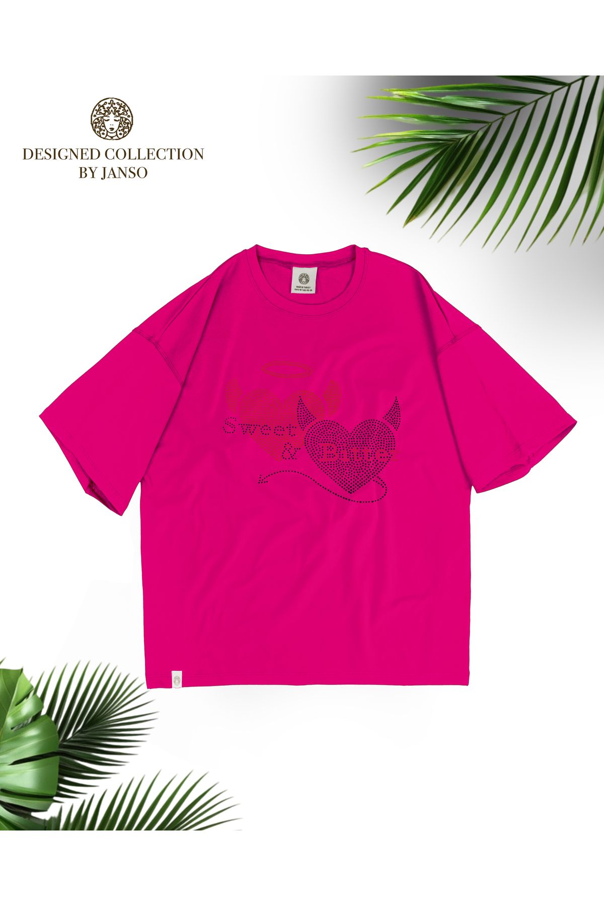 JANSO GROUP -KADIN KISA KOLLU KALP BASKILI TSHIRT BÜYÜK BEDEN OVERSIZE PAMUKLU KUMAŞ