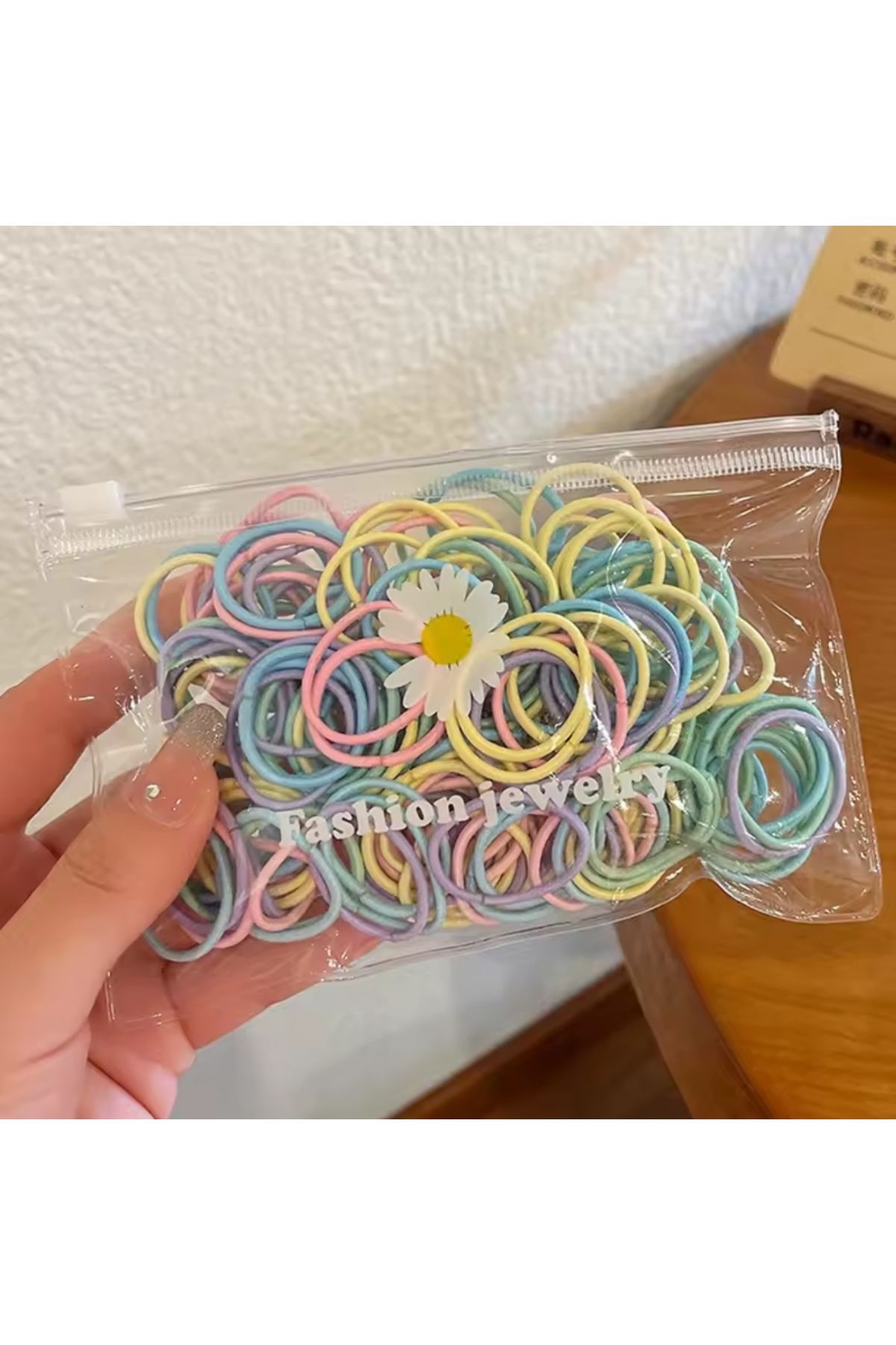 MutluBiDünya Papatya Desen Şeffaf Çantalı 50 Adet Soft Renklerde Kumaş Lastik Toka