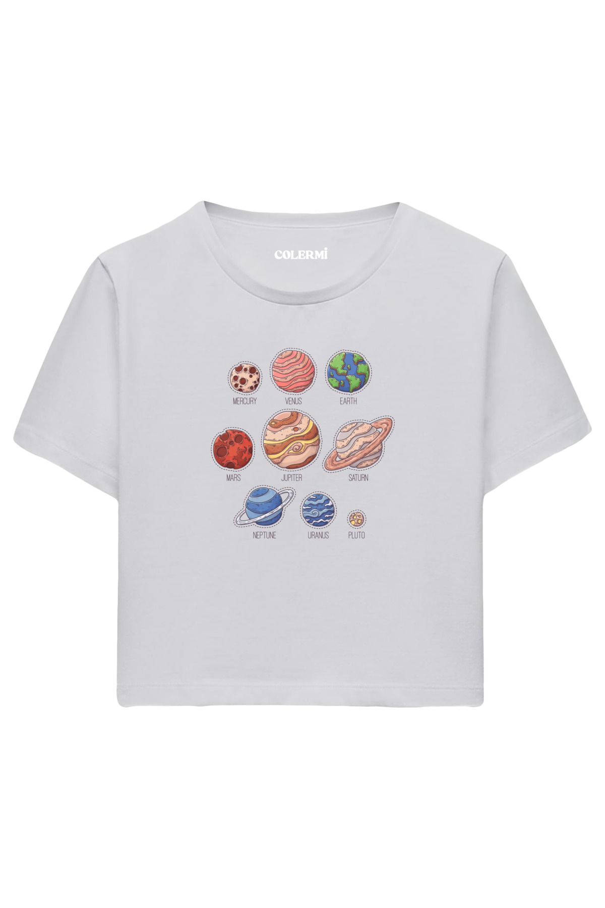 Colermi Güneş Sistemi Gezegenleri Baskılı %100 Pamuk Kadın Crop Tshirt