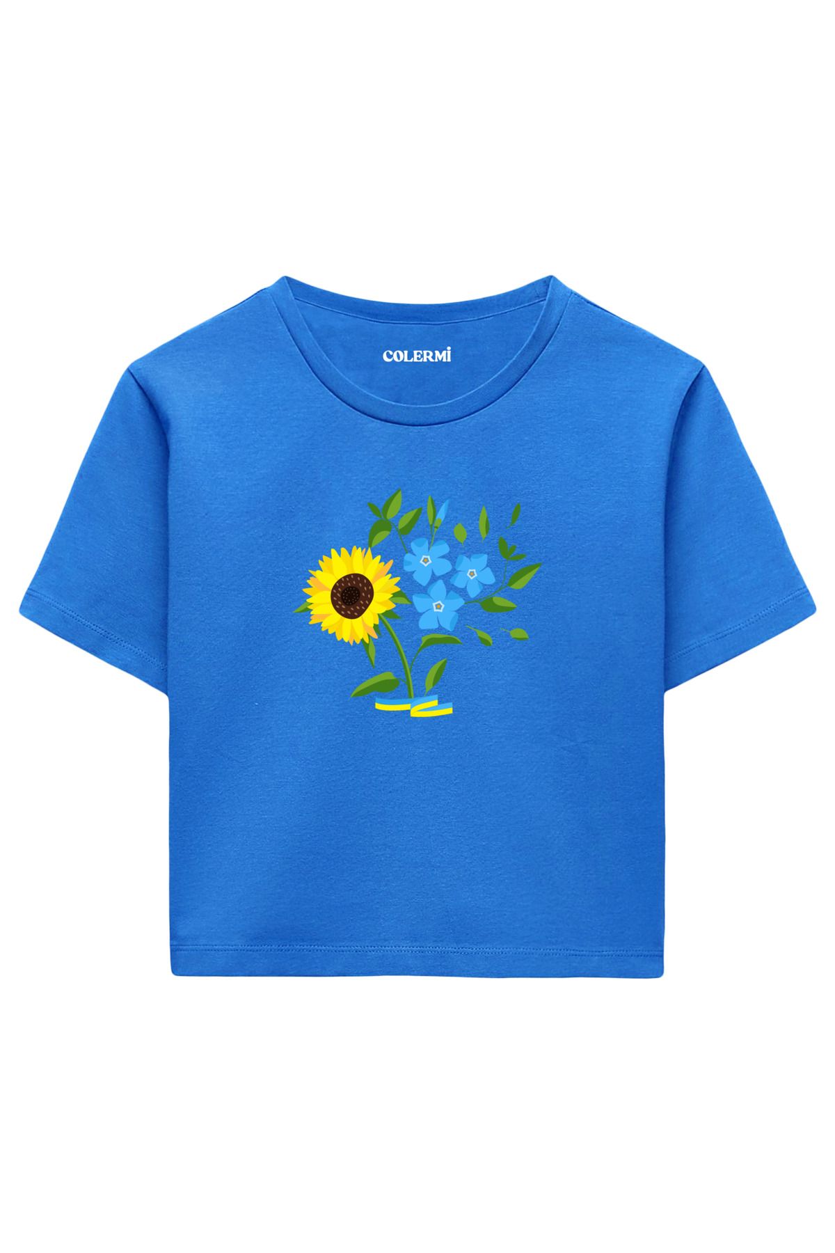 Colermi Ayçiçeği ve Mavi Çiçek Baskılı %100 Pamuk Kadın Crop Tshirt